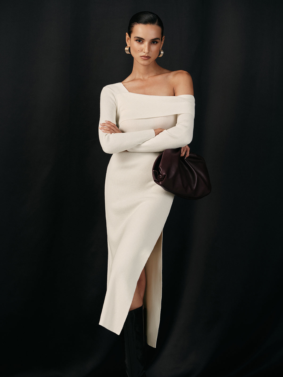 One Shoulder Wool Blend Knit Midi Slit Dress with Long Sleeve Elegance