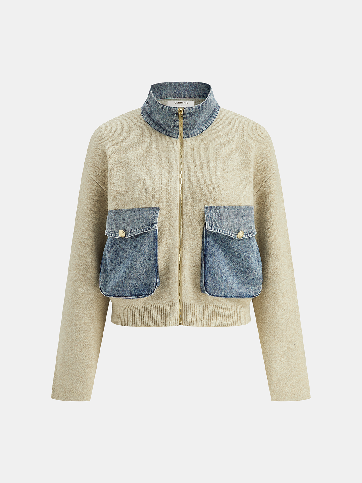 Denim Panel Zipper-Front Knit Cardigan with Side Pockets Comfort Fit