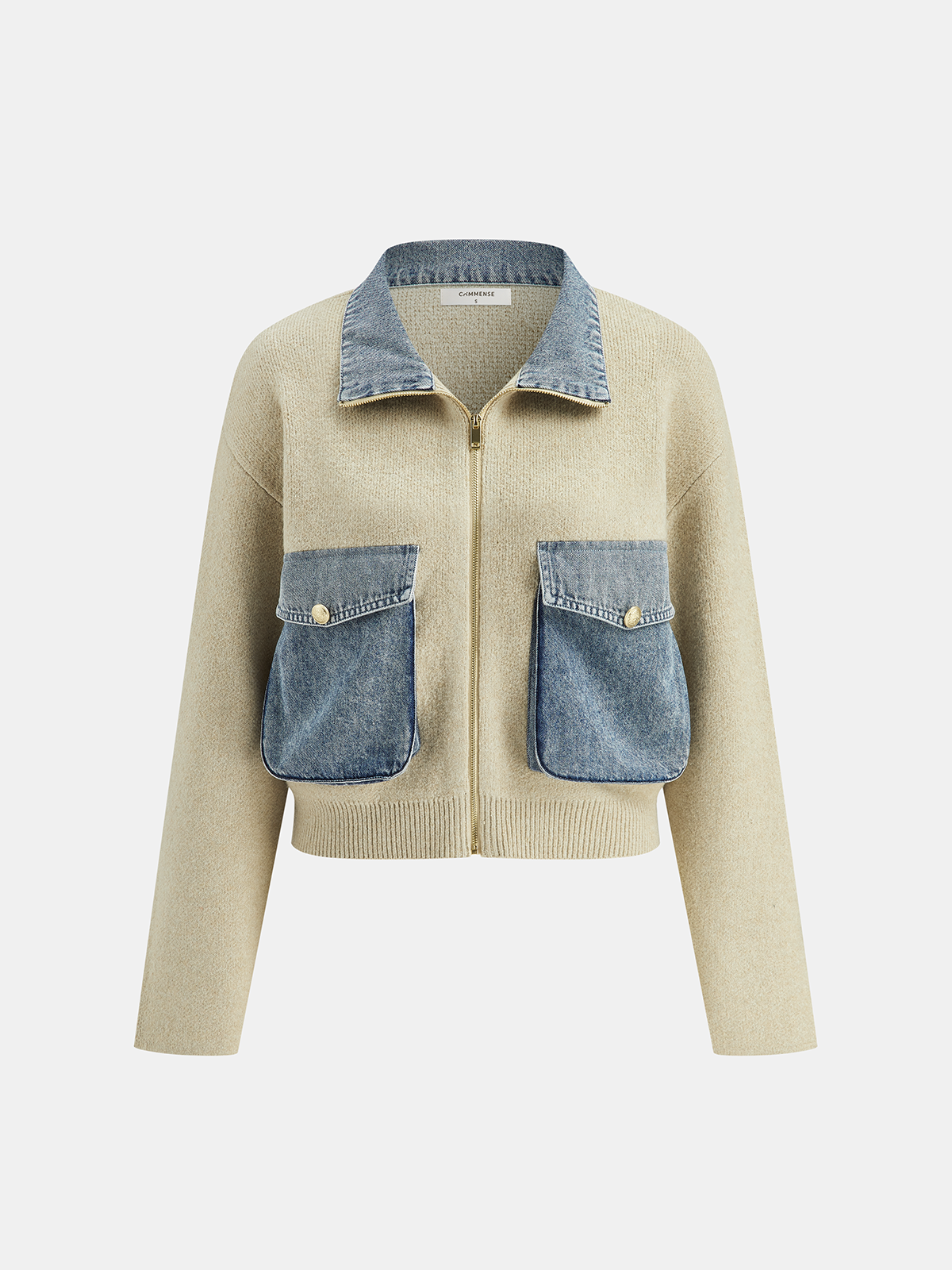 Denim Panel Zipper-Front Knit Cardigan with Side Pockets Comfort Fit