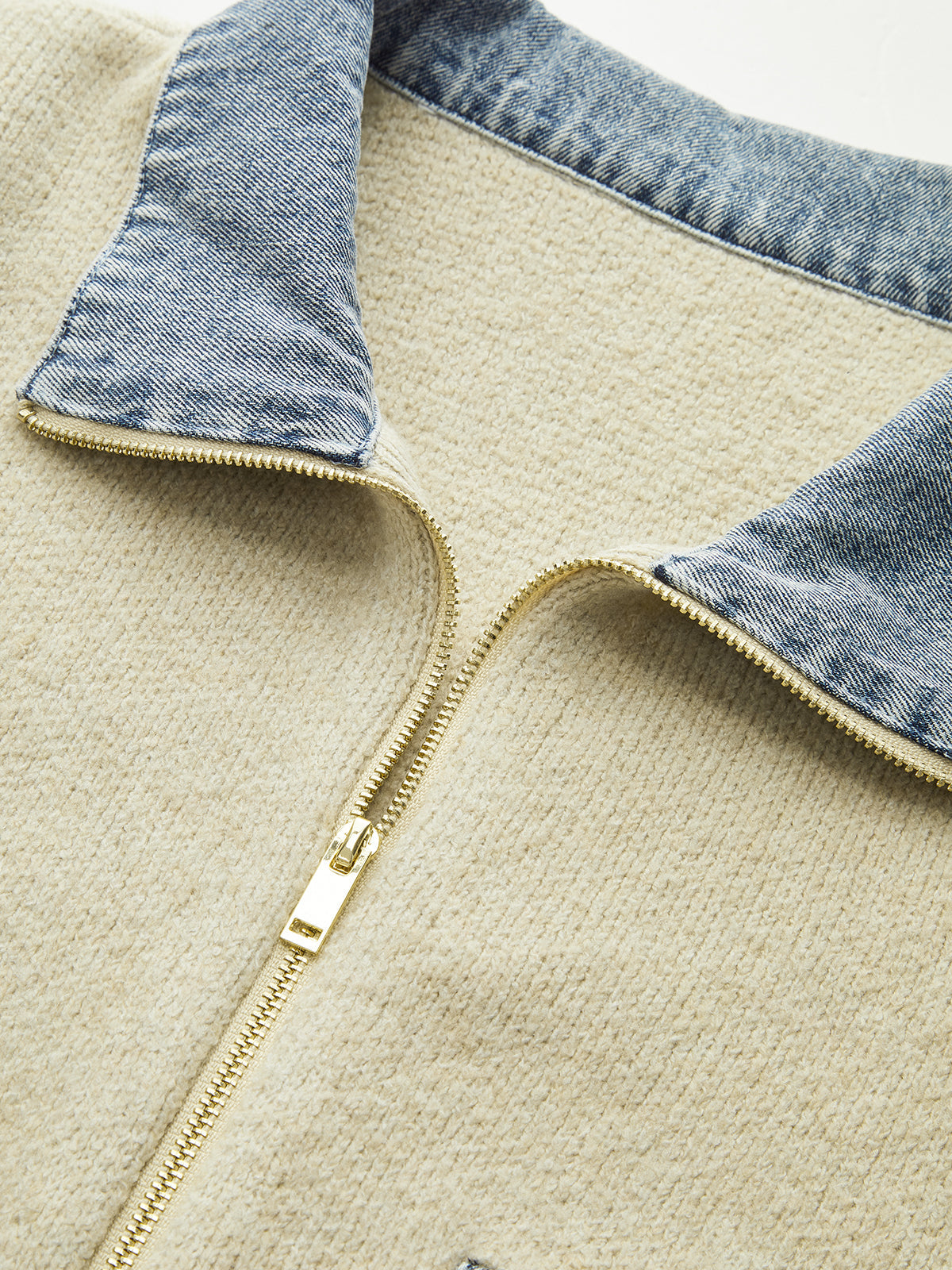 Denim Panel Zipper-Front Knit Cardigan with Side Pockets Comfort Fit