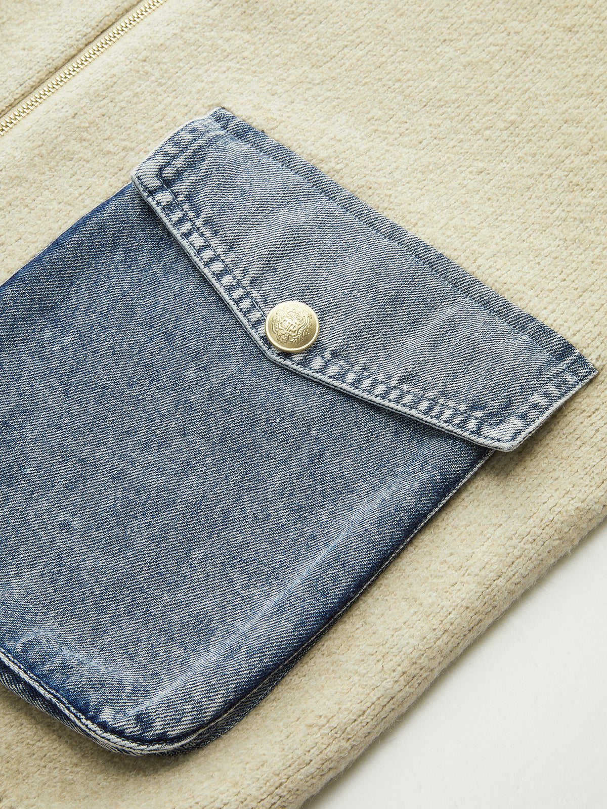 Denim Panel Zipper-Front Knit Cardigan with Side Pockets Comfort Fit