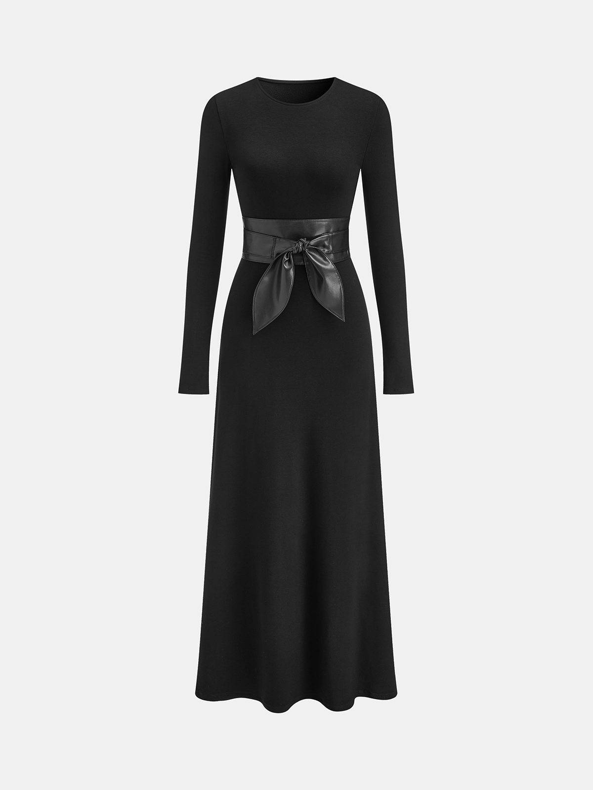 Long Sleeve Maxi Dress with Wide Belt and Floral Embroidery