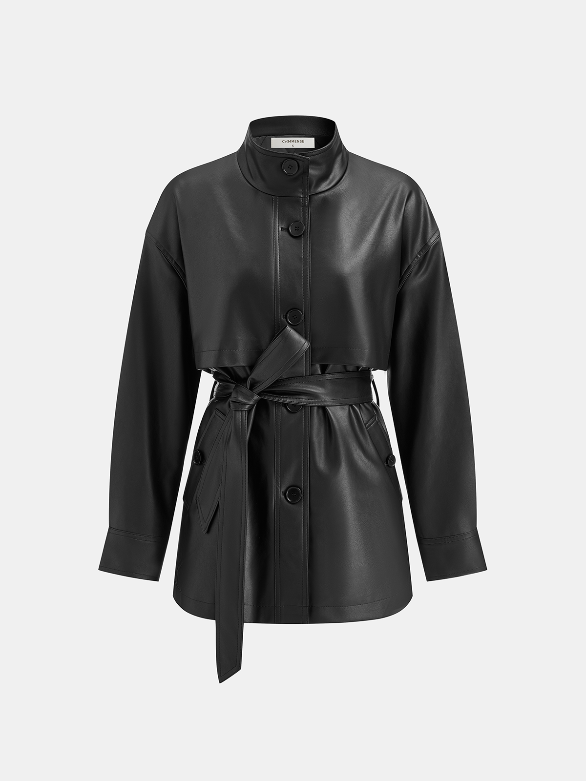 Stand Collar Belted PU Leather Quilted Jacket for Women Stylish Winter Coat