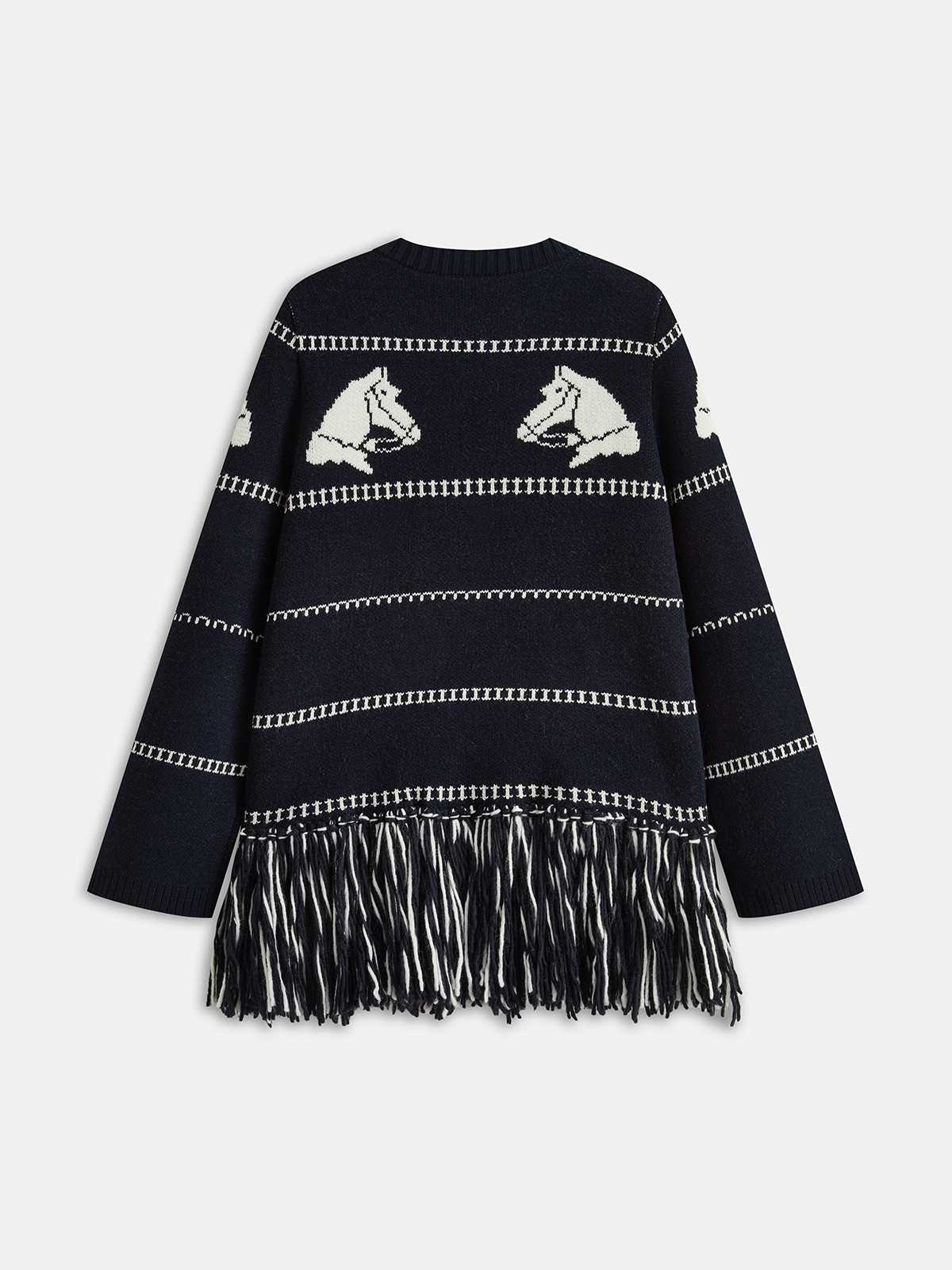 Horse-Pattern Wool Blend Fringe Cardigan with Pockets Comfort Fit