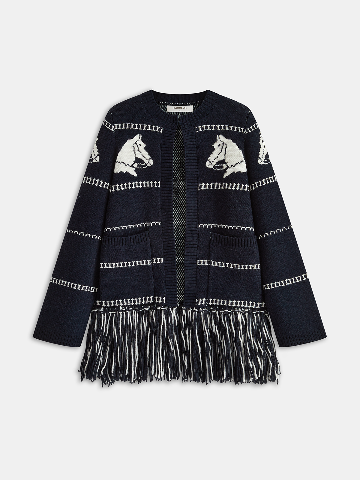 Horse-Pattern Wool Blend Fringe Cardigan with Pockets Comfort Fit