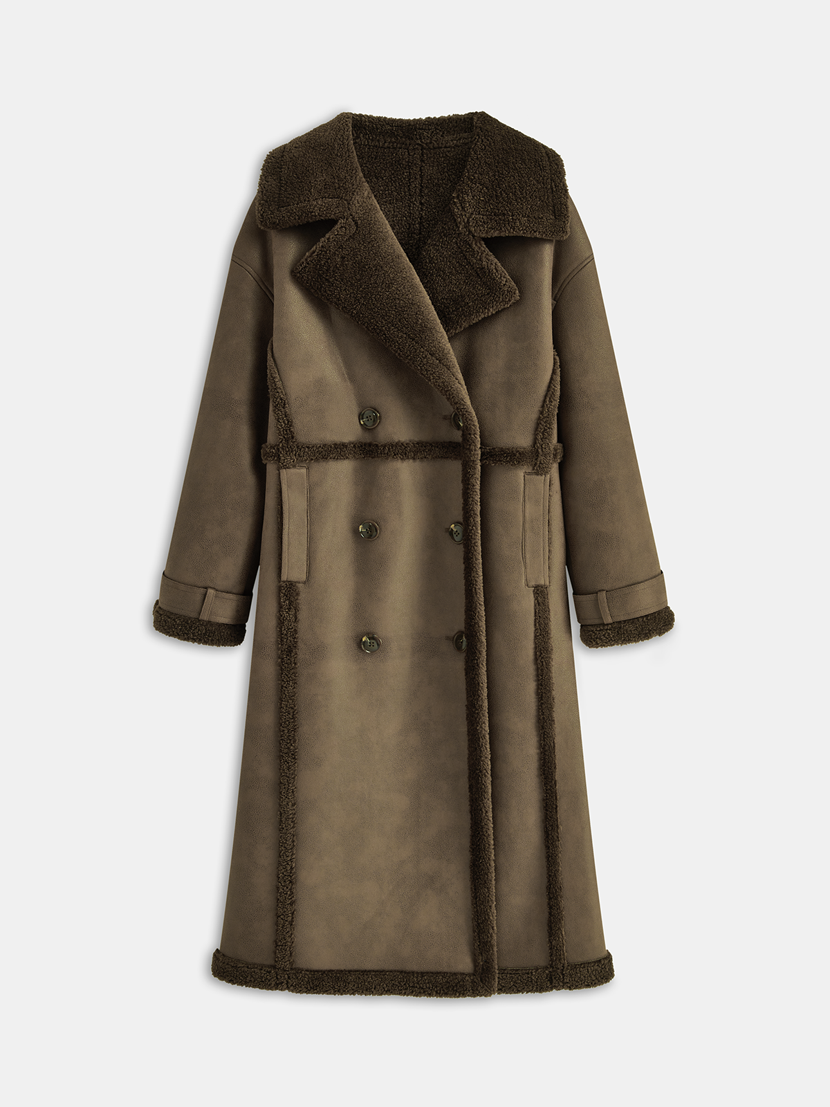 Double-Breasted Fleece Lined Faux Leather Longline Coat, Stylish Winter Outerwear for Women