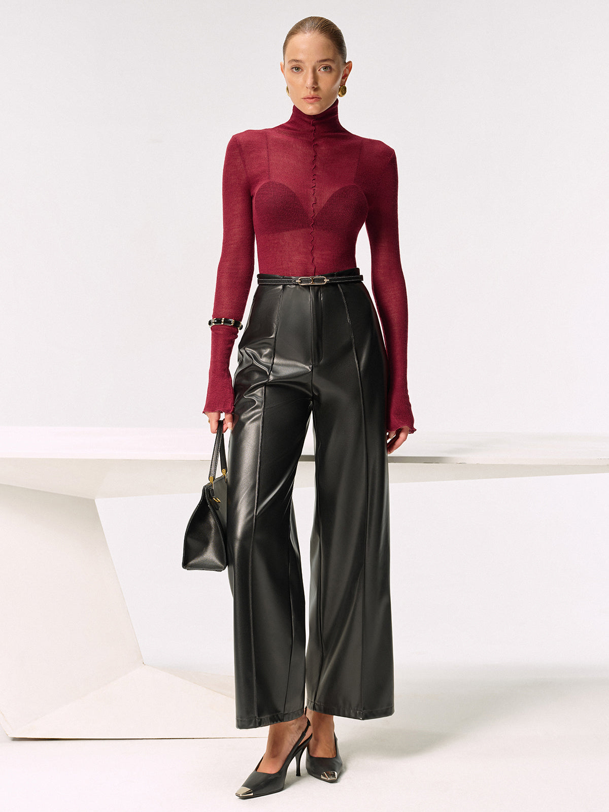 Sheer Turtleneck Wool Blend Sweater for Women Layering Essential