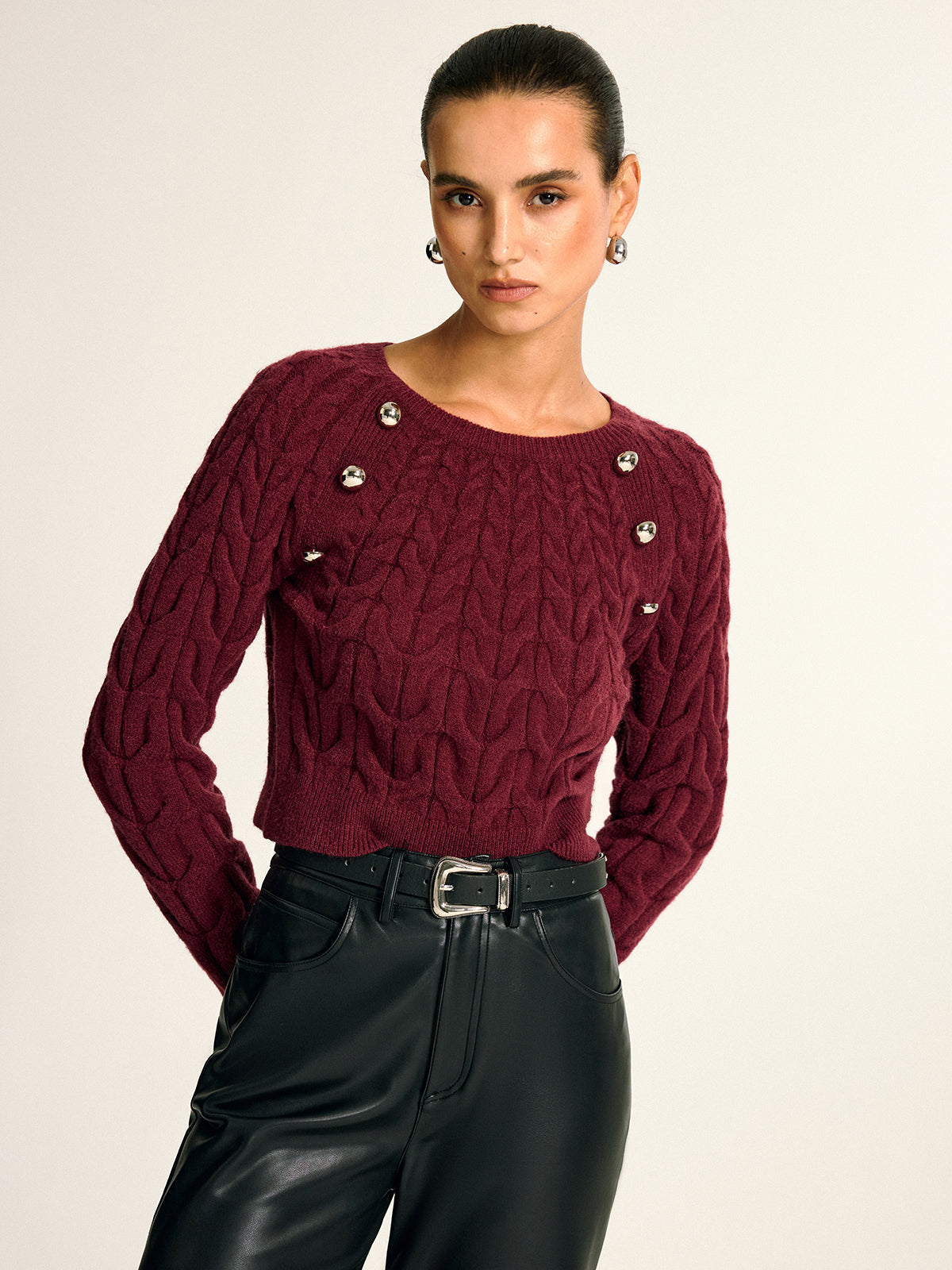 Metal Detail Cable Knit Round Neck Sweater Cozy Winter Fashion Pullover