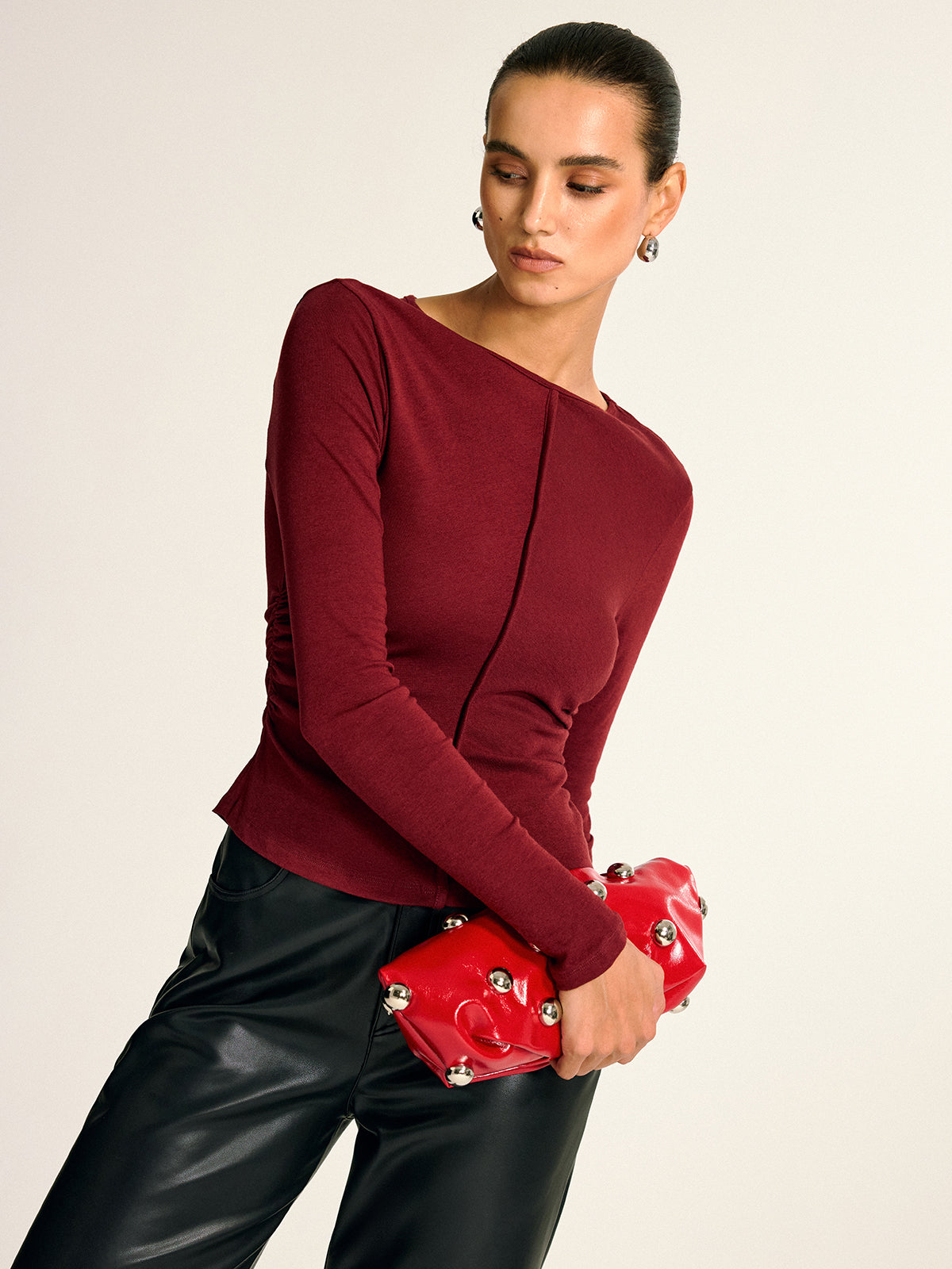 Wool Blend Ruched Long Sleeve T-Shirt Comfortable Lightweight Winter Essential