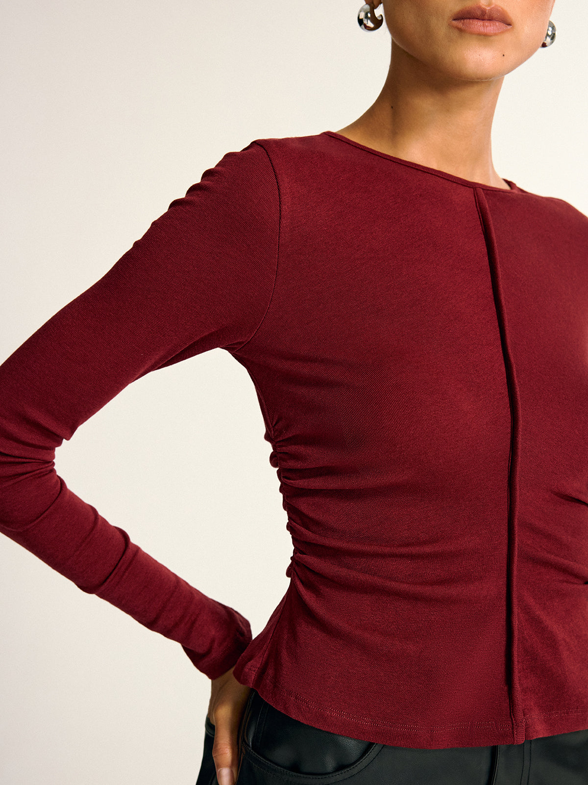 Wool Blend Ruched Long Sleeve T-Shirt Comfortable Lightweight Winter Essential