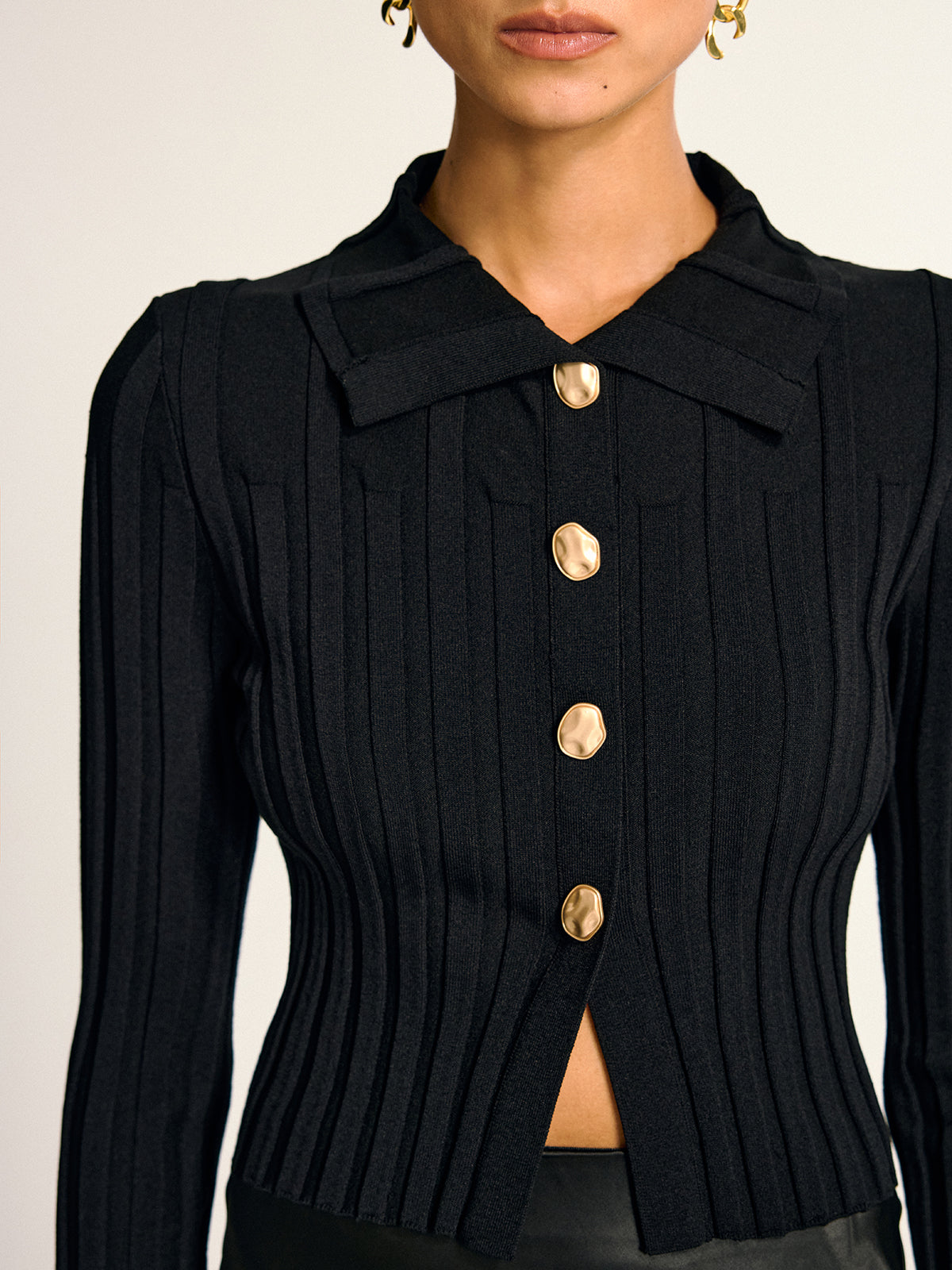 Metal Button Fitted Collared Knit Top for Women, Comfortable Stretch Fit