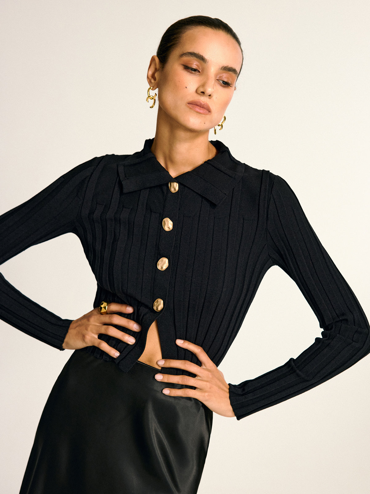 Metal Button Fitted Collared Knit Top for Women, Comfortable Stretch Fit