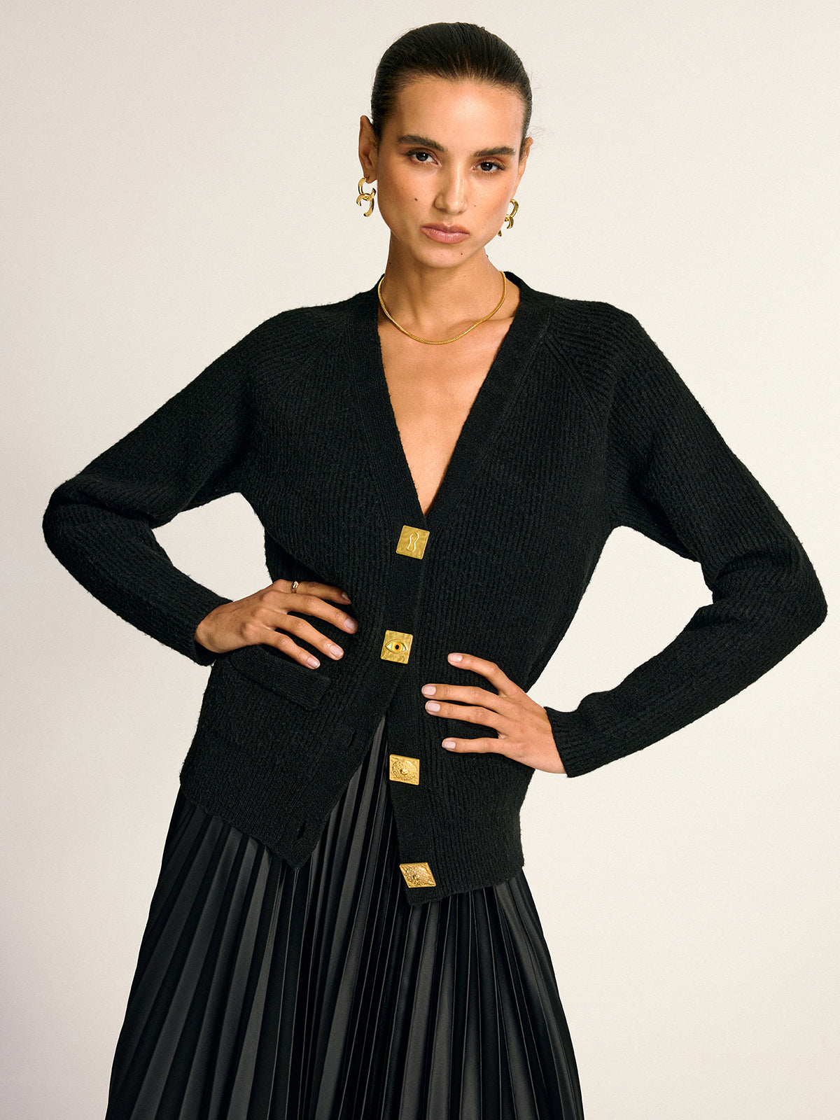 Metal Button V-Neck Wool Blend Cardigan Comfortable Stylish Winter Wear