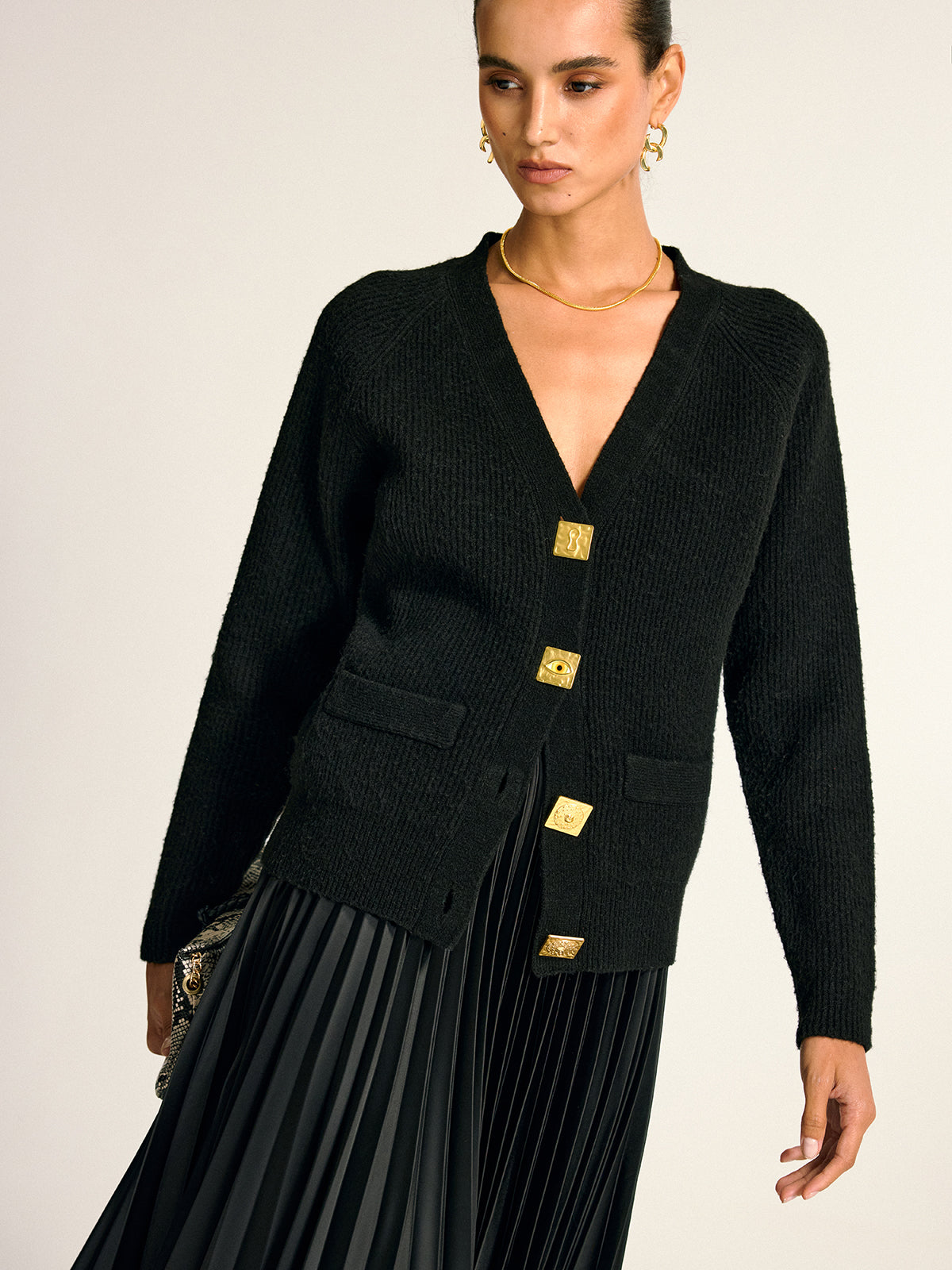Metal Button V-Neck Wool Blend Cardigan Comfortable Stylish Winter Wear