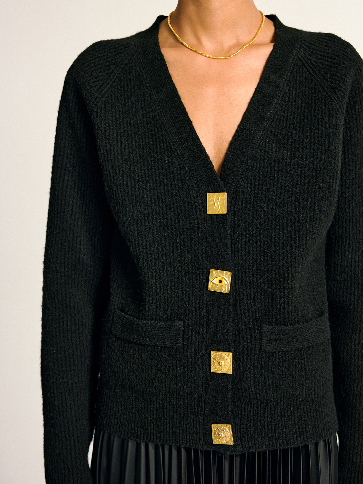 Metal Button V-Neck Wool Blend Cardigan Comfortable Stylish Winter Wear