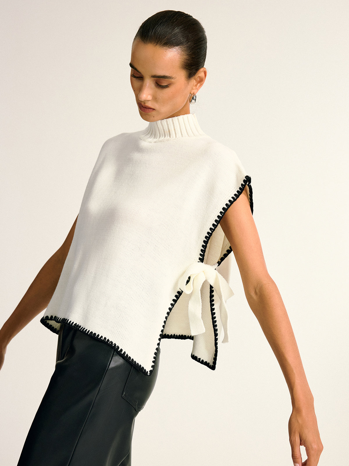 Contrast Trim Side Bow Mock Neck Sweater Vest for Women Stylish Layering