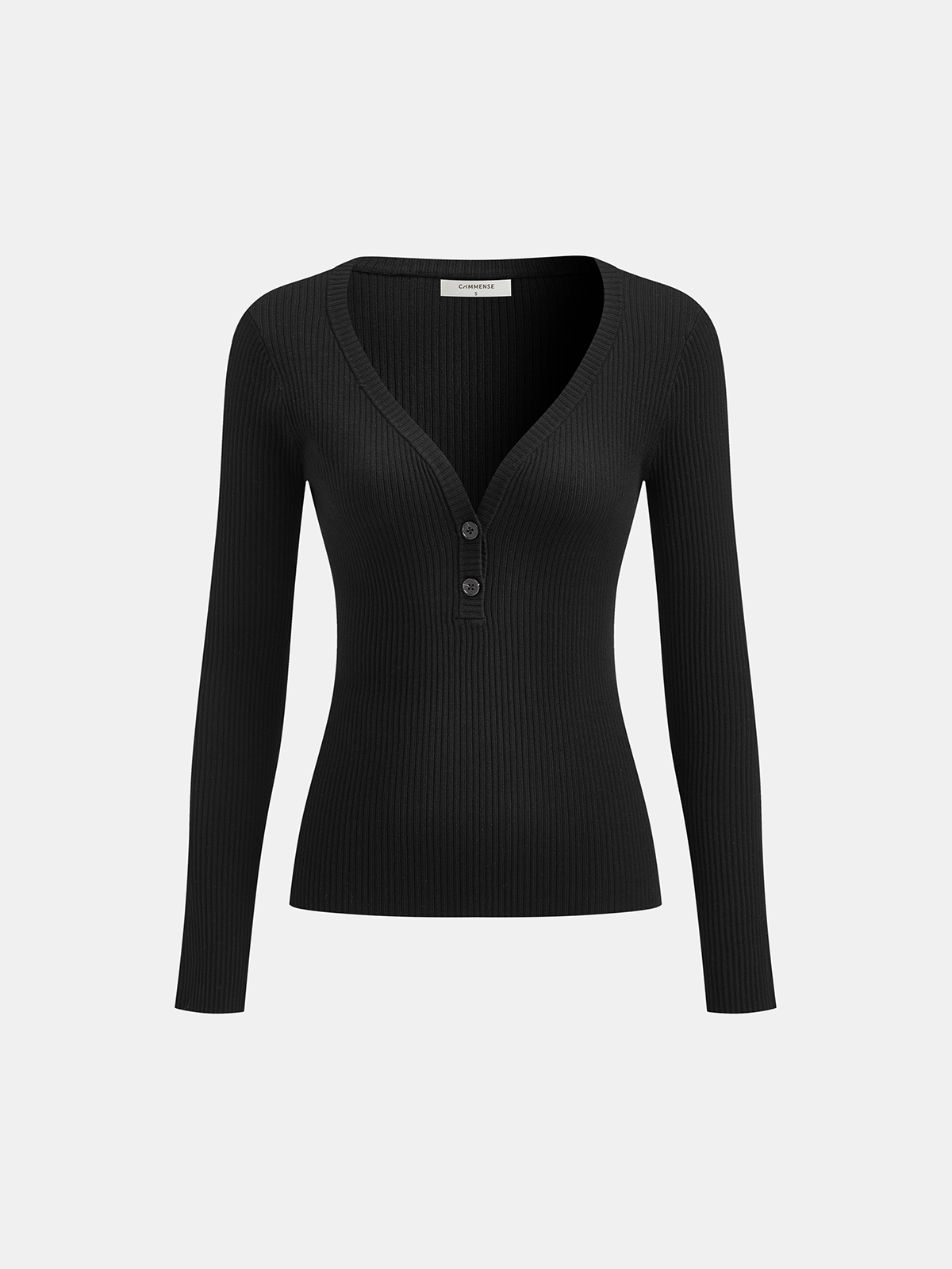 Button Placket Ribbed Knit Fitted V-Neck Top - Women's Casual Long Sleeve T-Shirt