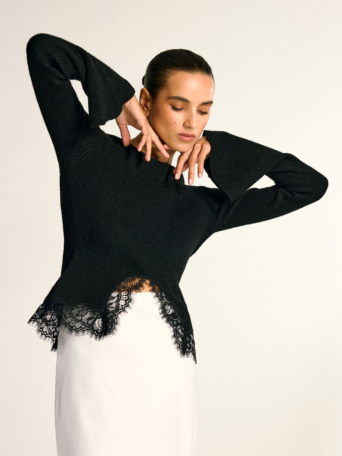 Lace Hem Bell Sleeve Wool Blend Knit Top for Women, Elegant Casual Style