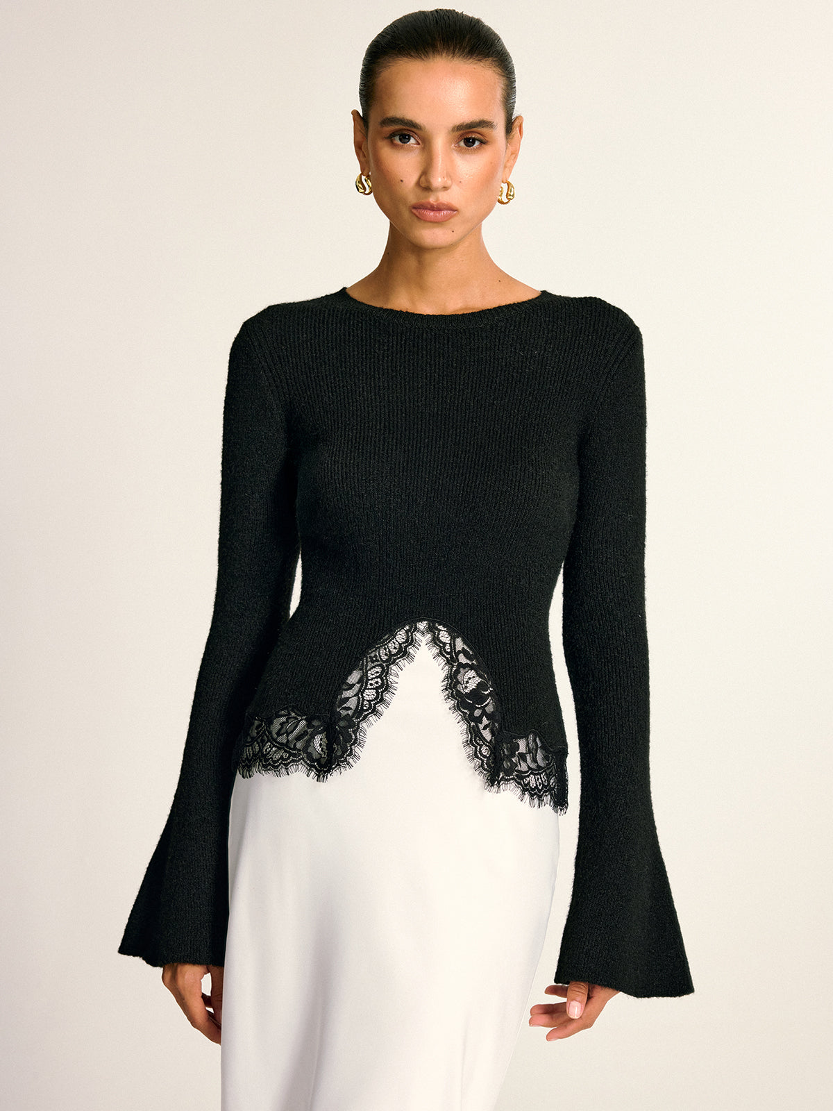 Lace Hem Bell Sleeve Wool Blend Knit Top for Women, Elegant Casual Style