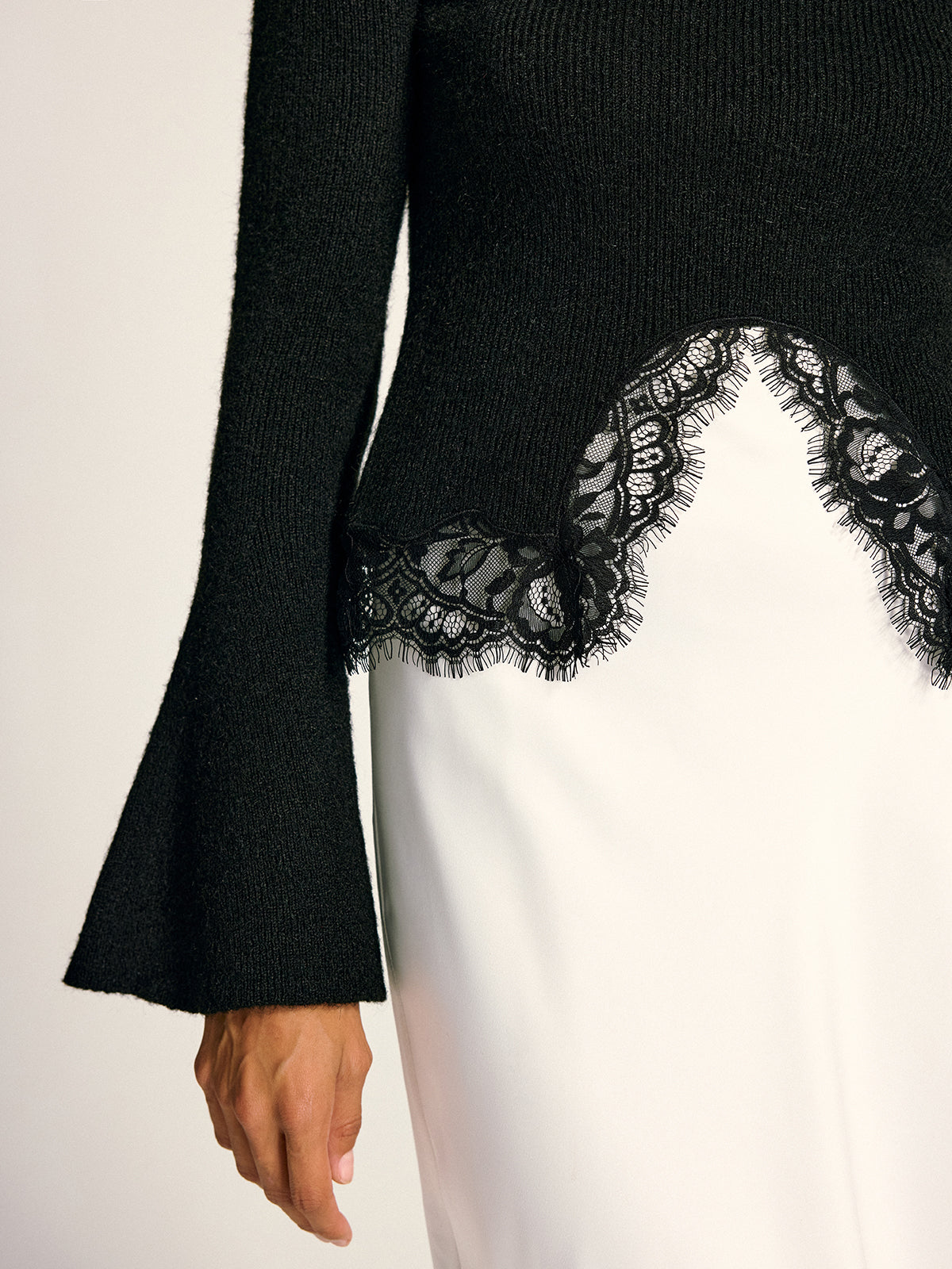Lace Hem Bell Sleeve Wool Blend Knit Top for Women, Elegant Casual Style