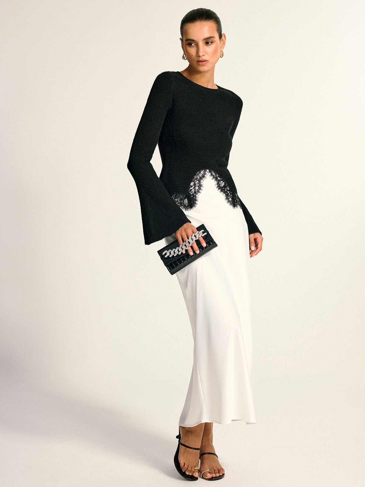 Lace Hem Bell Sleeve Wool Blend Knit Top for Women, Elegant Casual Style