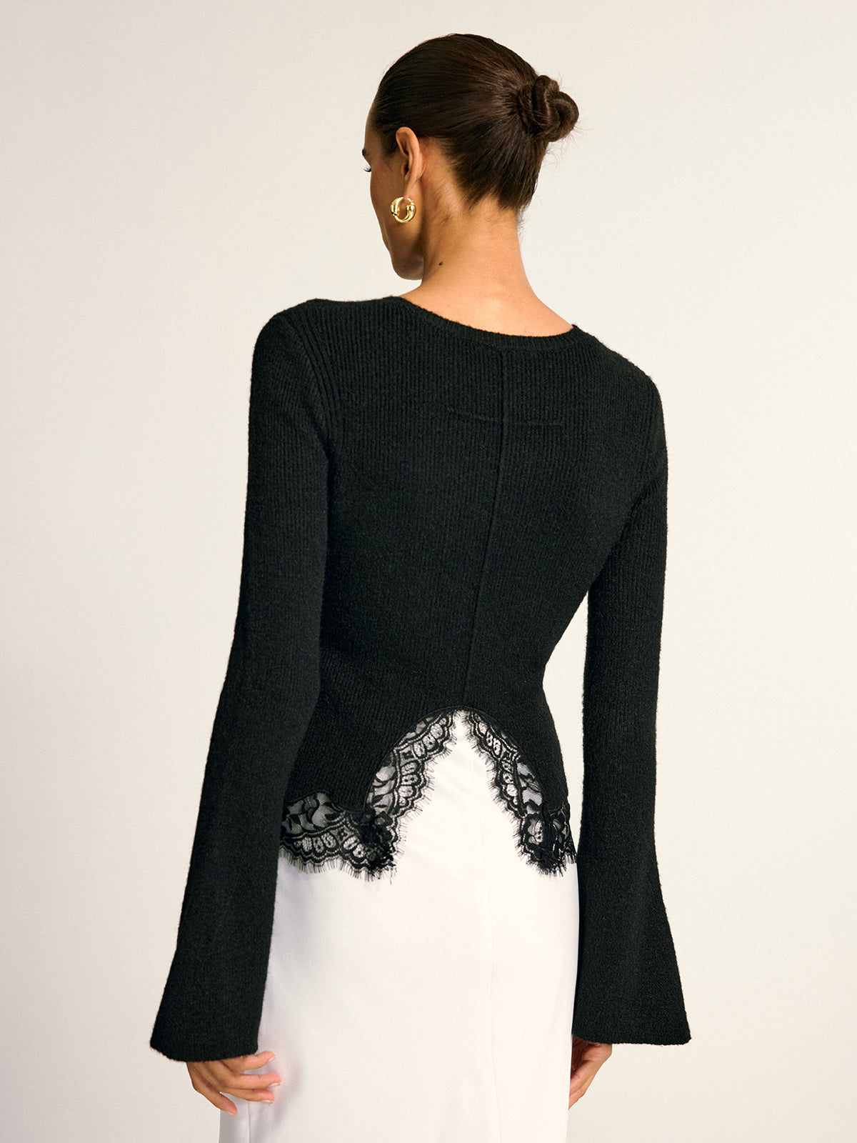 Lace Hem Bell Sleeve Wool Blend Knit Top for Women, Elegant Casual Style