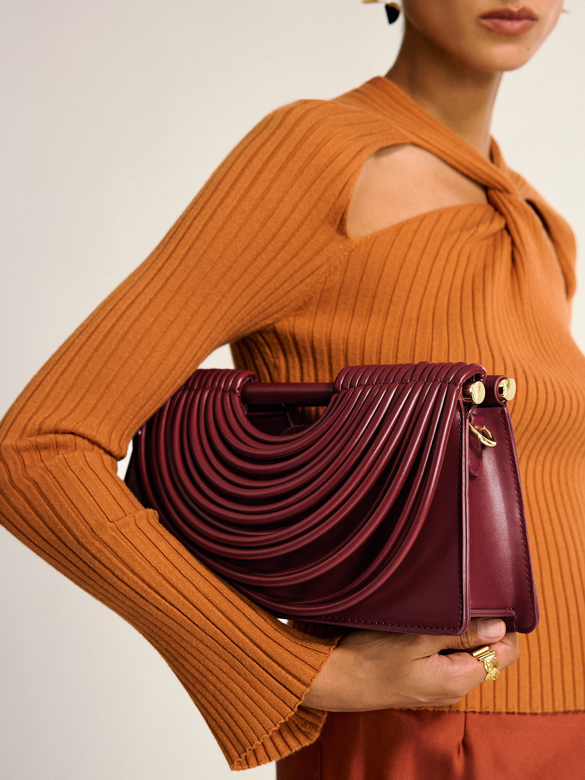 Curved Striped Handle PU Leather Bag for Men and Women