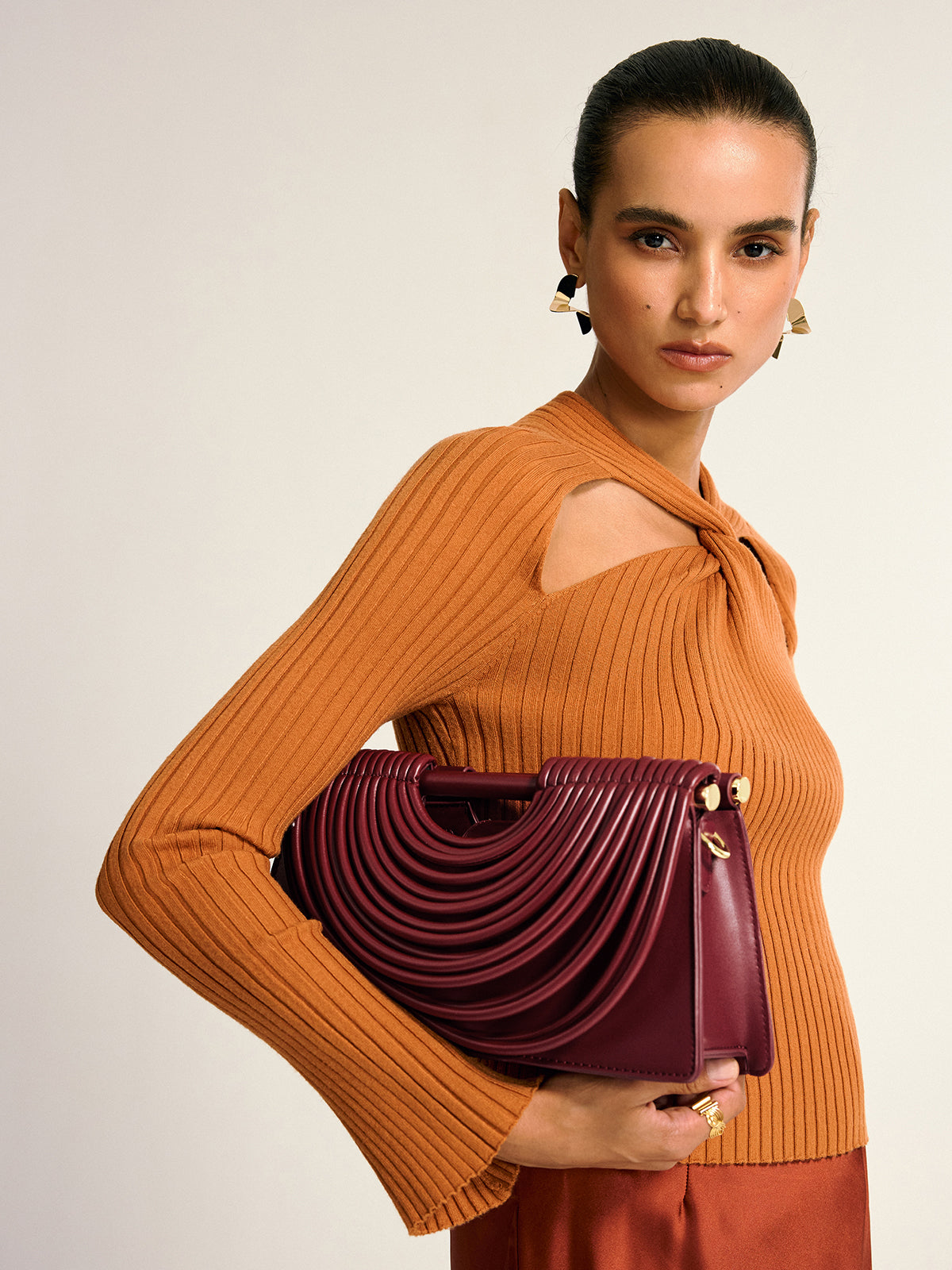 Curved Striped Handle PU Leather Bag for Men and Women