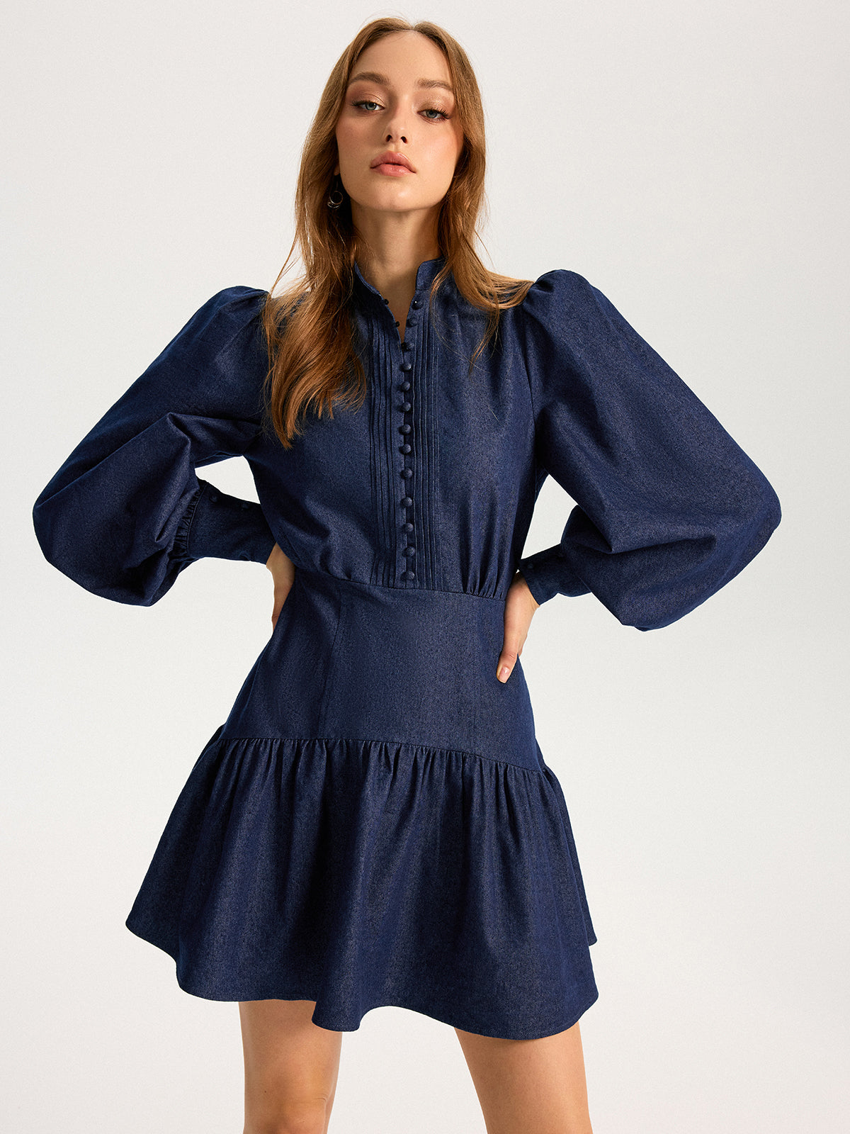 Denim Stand Collar Puff Sleeve Mini Dress for Women, Casual Style