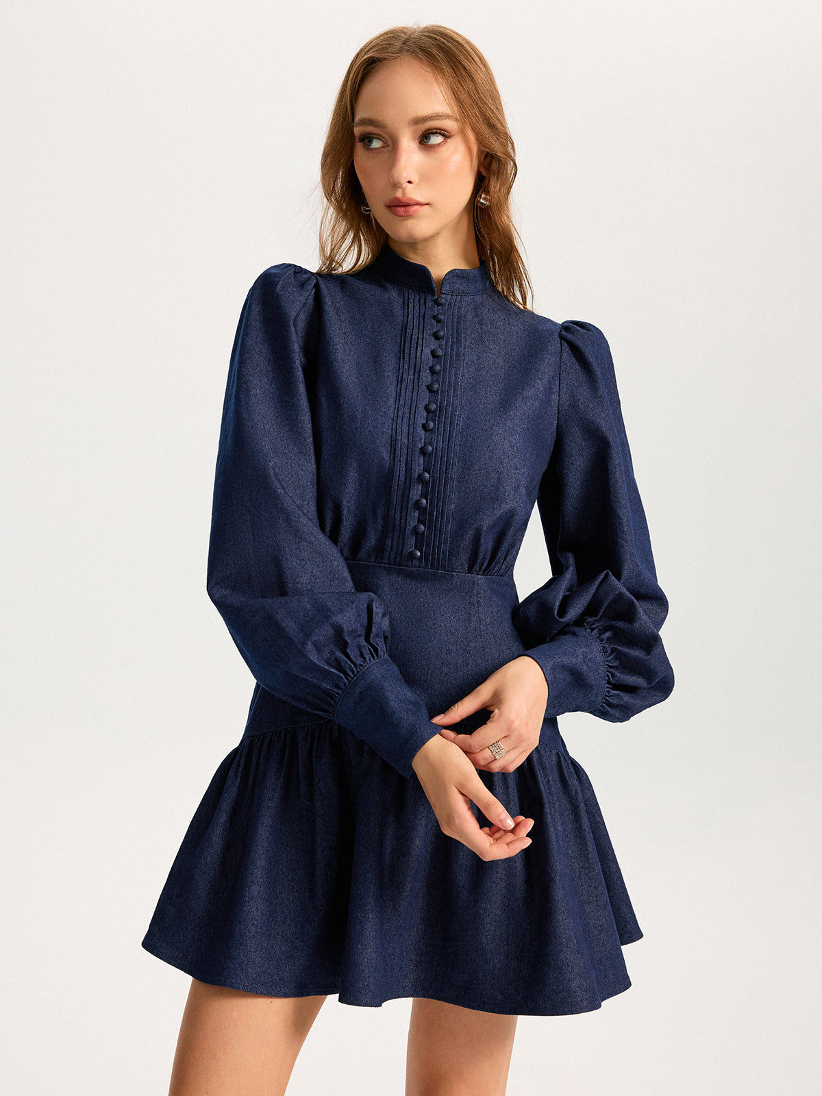 Denim Stand Collar Puff Sleeve Mini Dress for Women, Casual Style