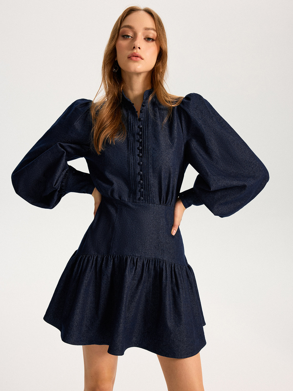 Denim Stand Collar Puff Sleeve Mini Dress for Women, Casual Style