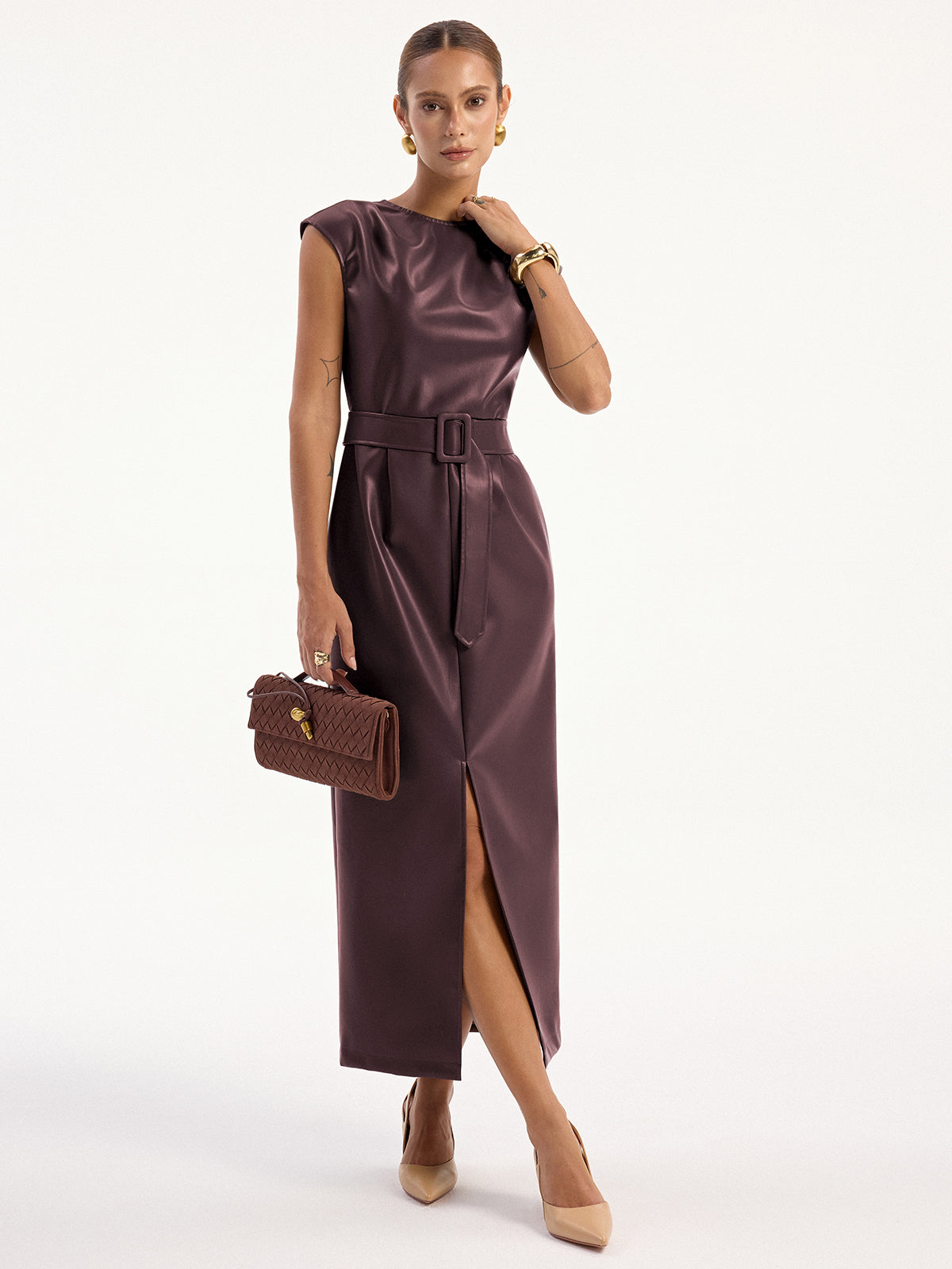 PU Leather Sleeveless Belted Midi Dress for Women, Trendy Fashion Style