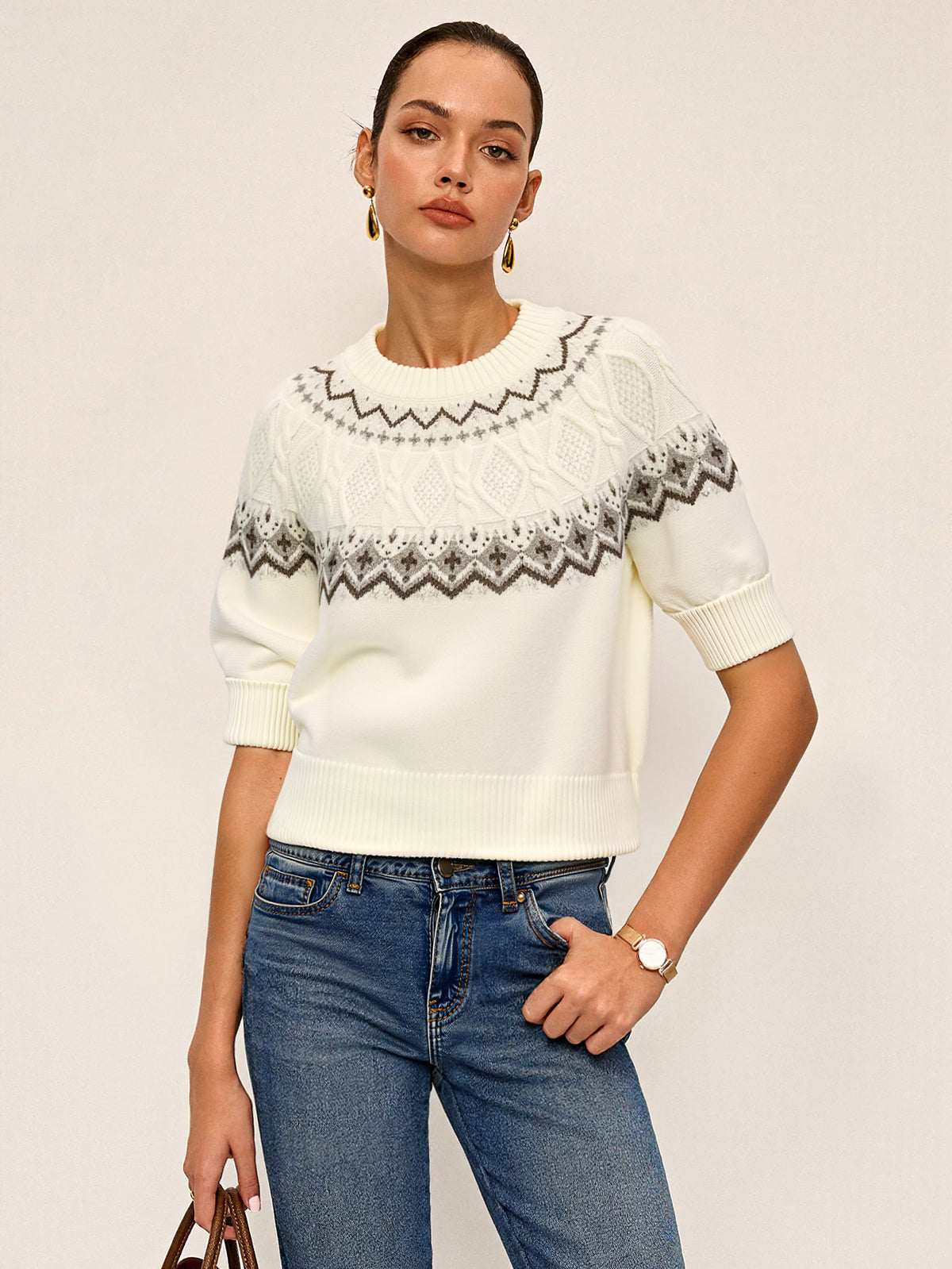 Fair Isle Pattern Short Sleeve Knit Top for Women Spring Essentials