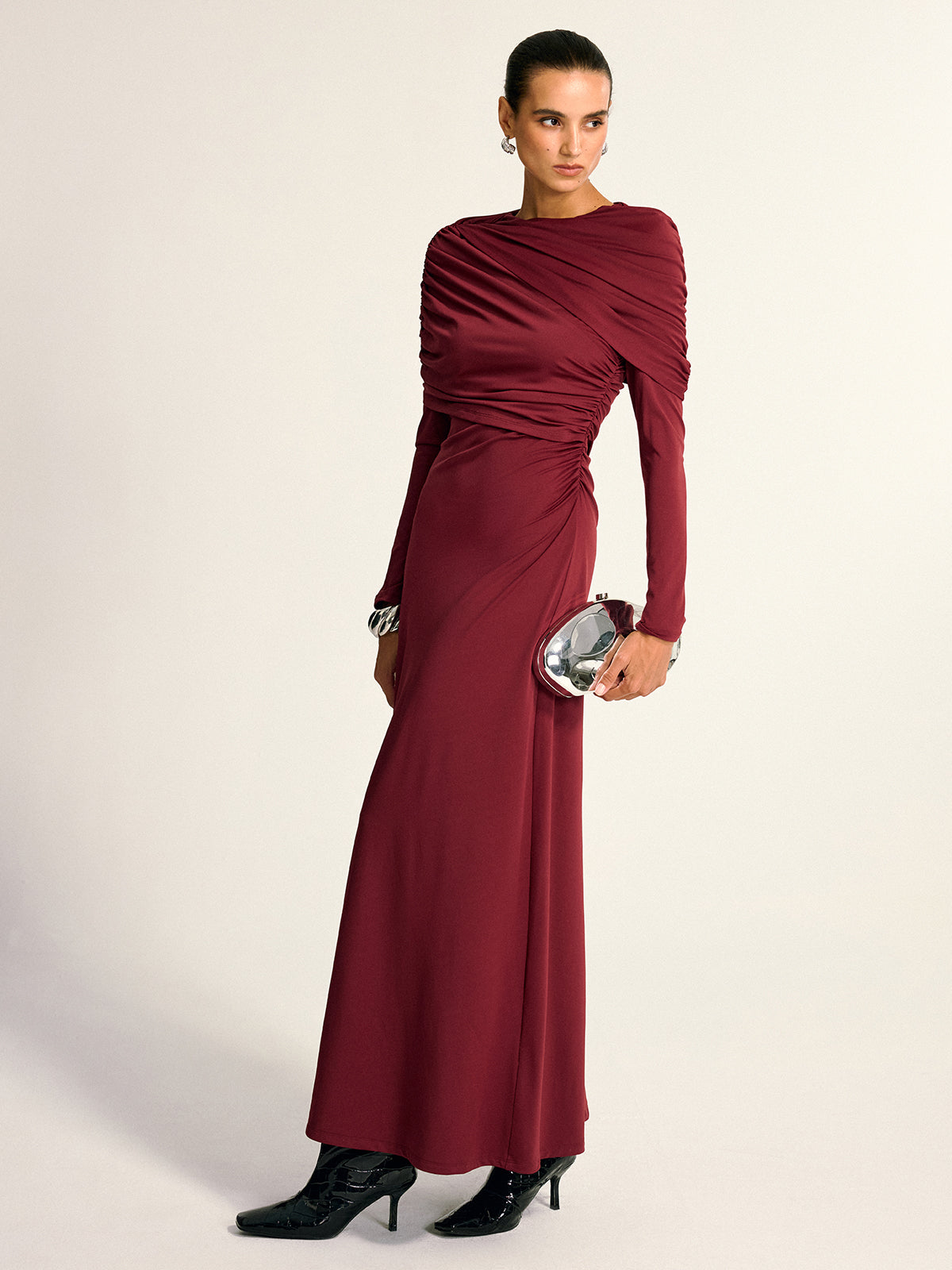 Draped Long Sleeve Maxi Dress Elegant Evening Wear