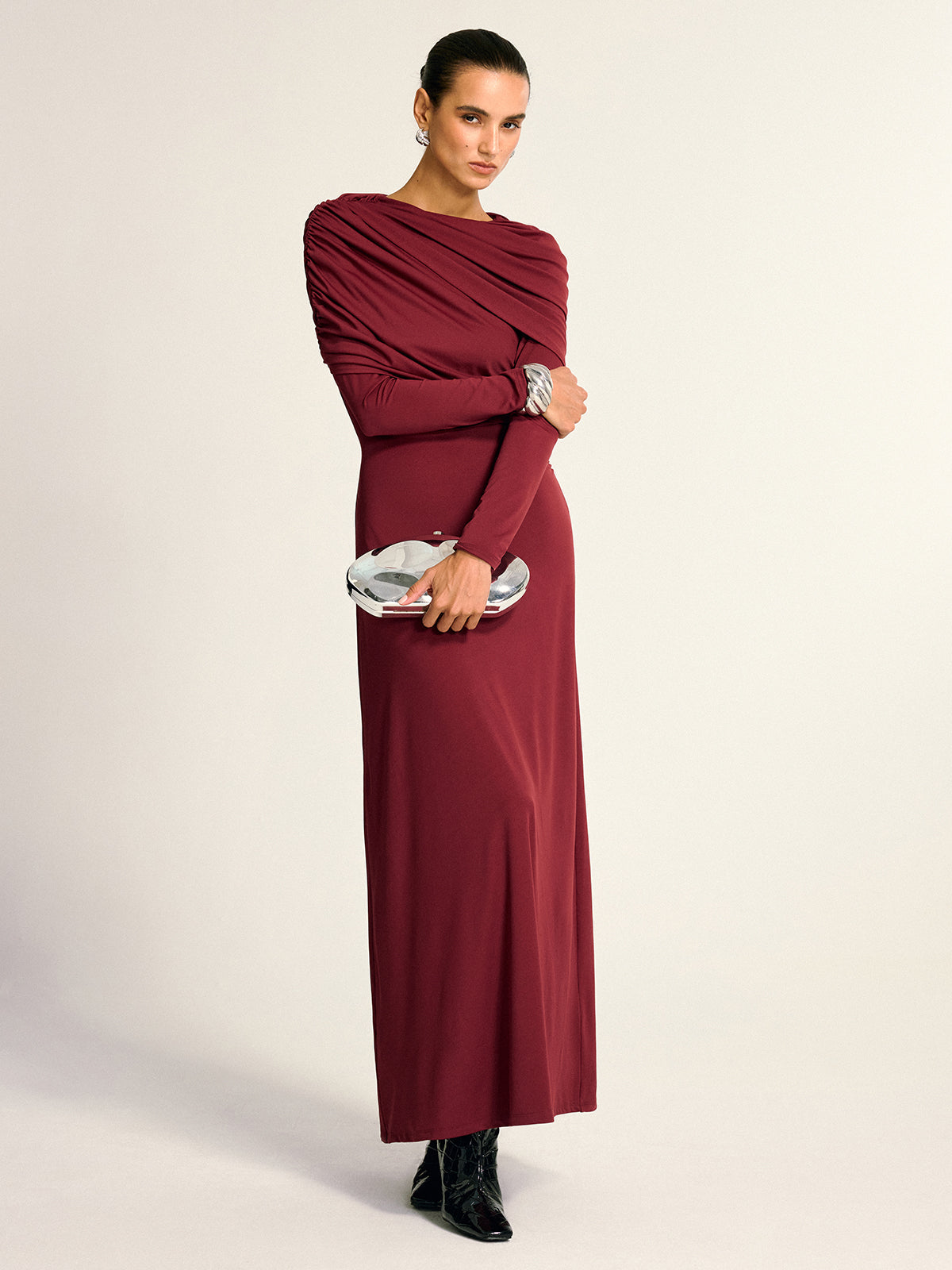 Draped Long Sleeve Maxi Dress Elegant Evening Wear