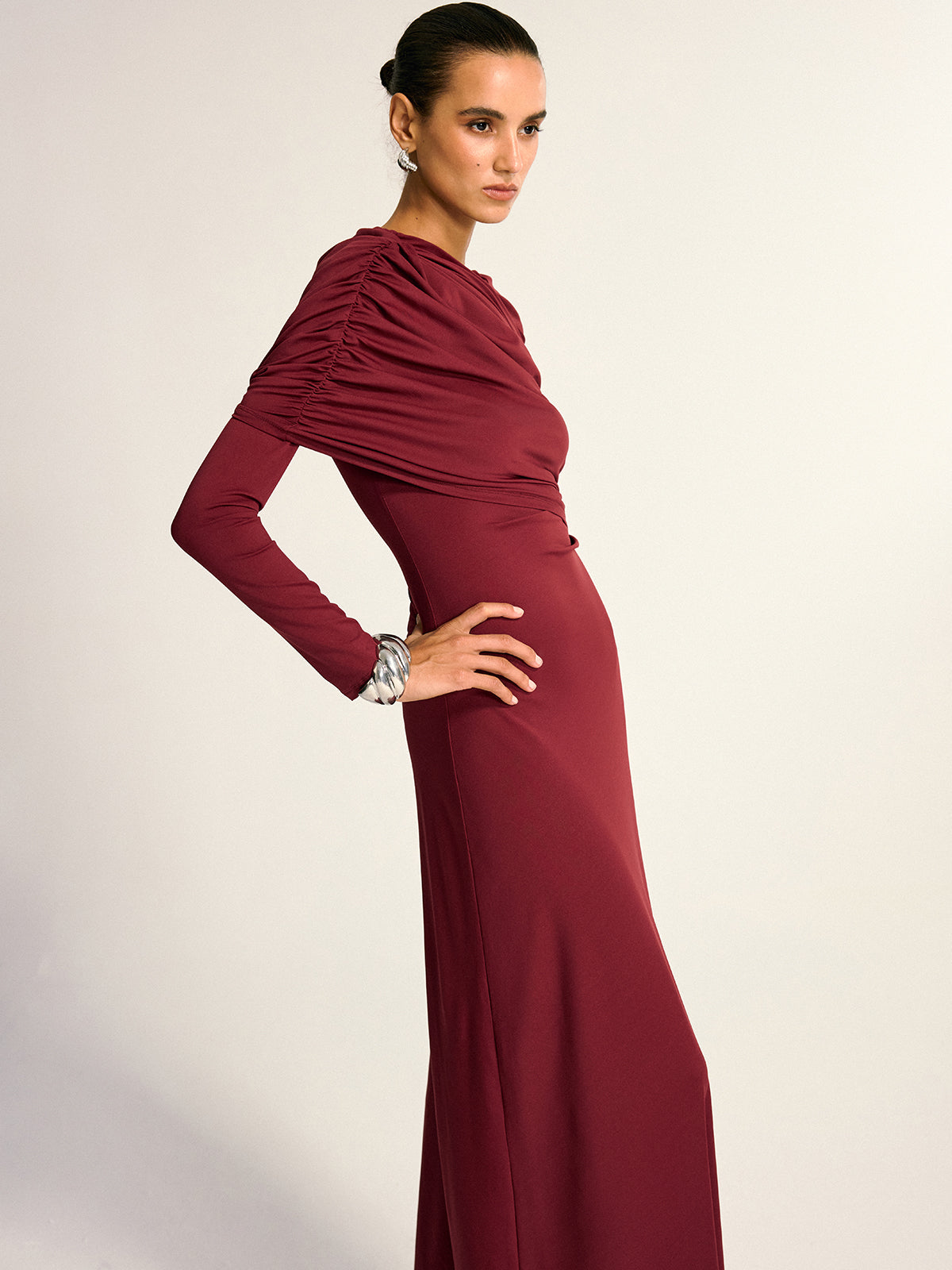 Draped Long Sleeve Maxi Dress Elegant Evening Wear