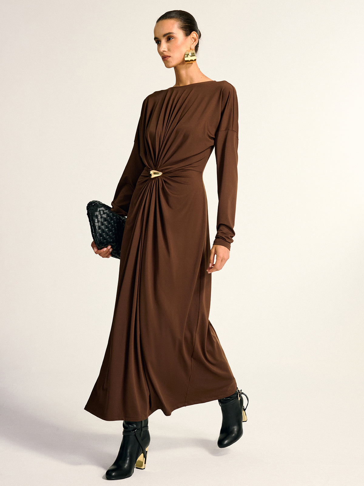 Metal Detail Draped Maxi Dress with Elegant Flowing Silhouette
