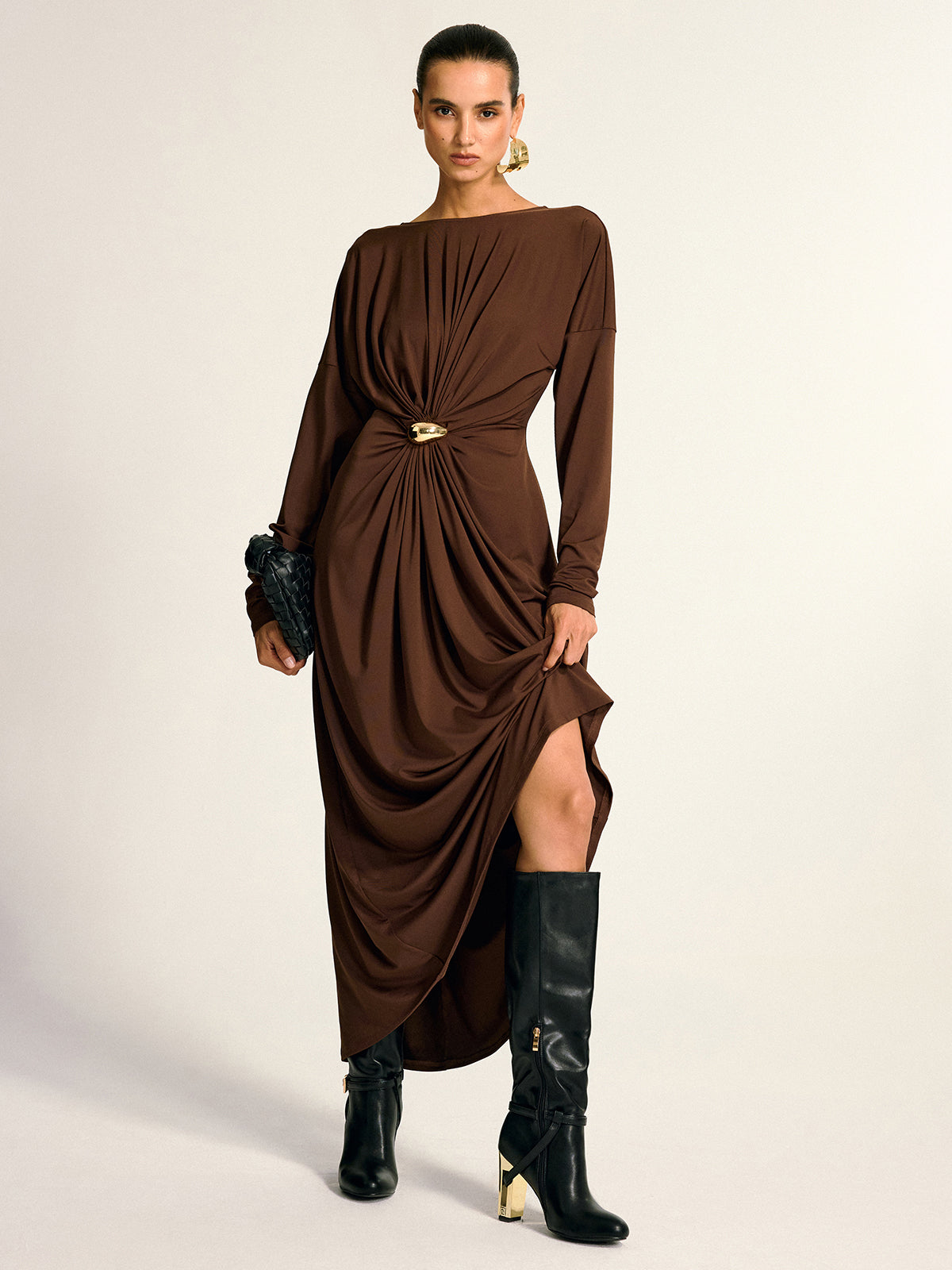 Metal Detail Draped Maxi Dress with Elegant Flowing Silhouette
