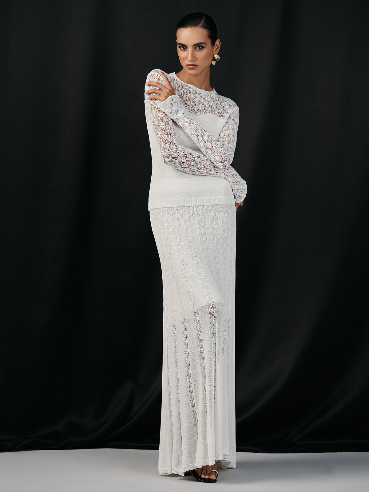 Lace Paneled Knit Maxi Skirt with Elastic Waistband