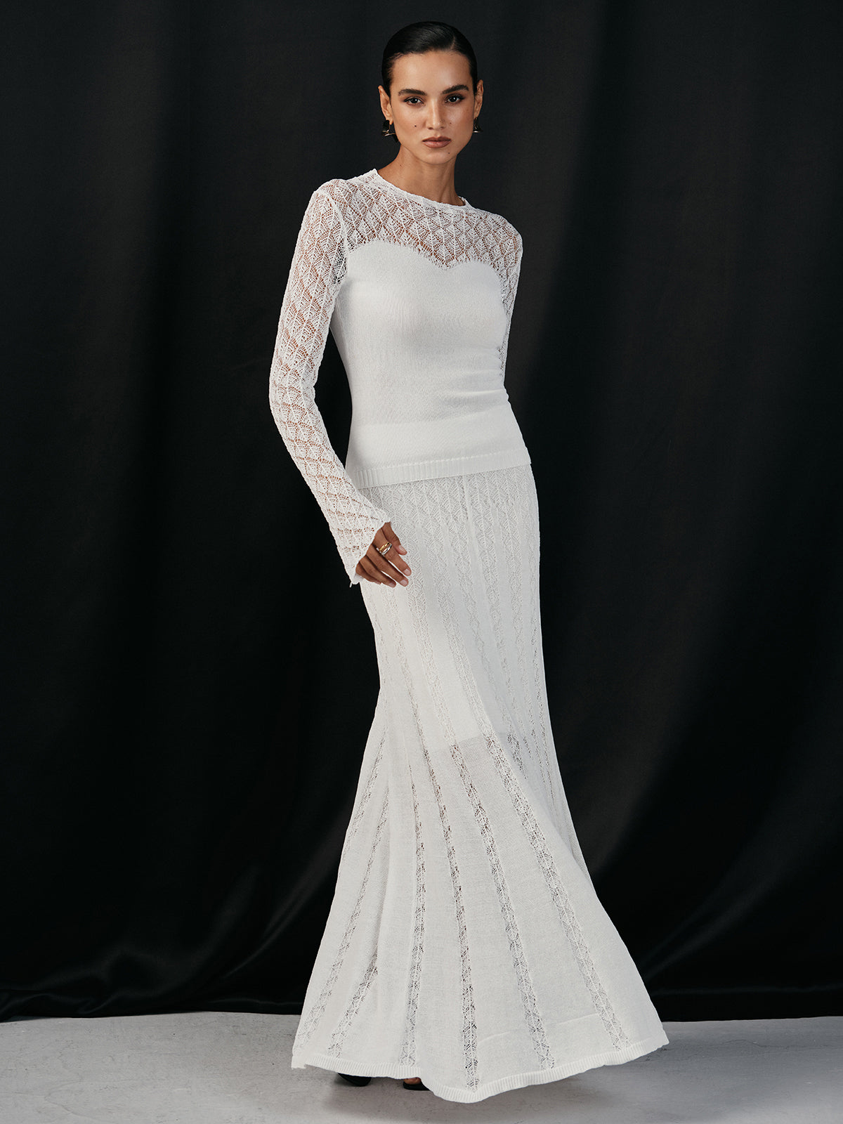 Lace Paneled Knit Maxi Skirt with Elastic Waistband