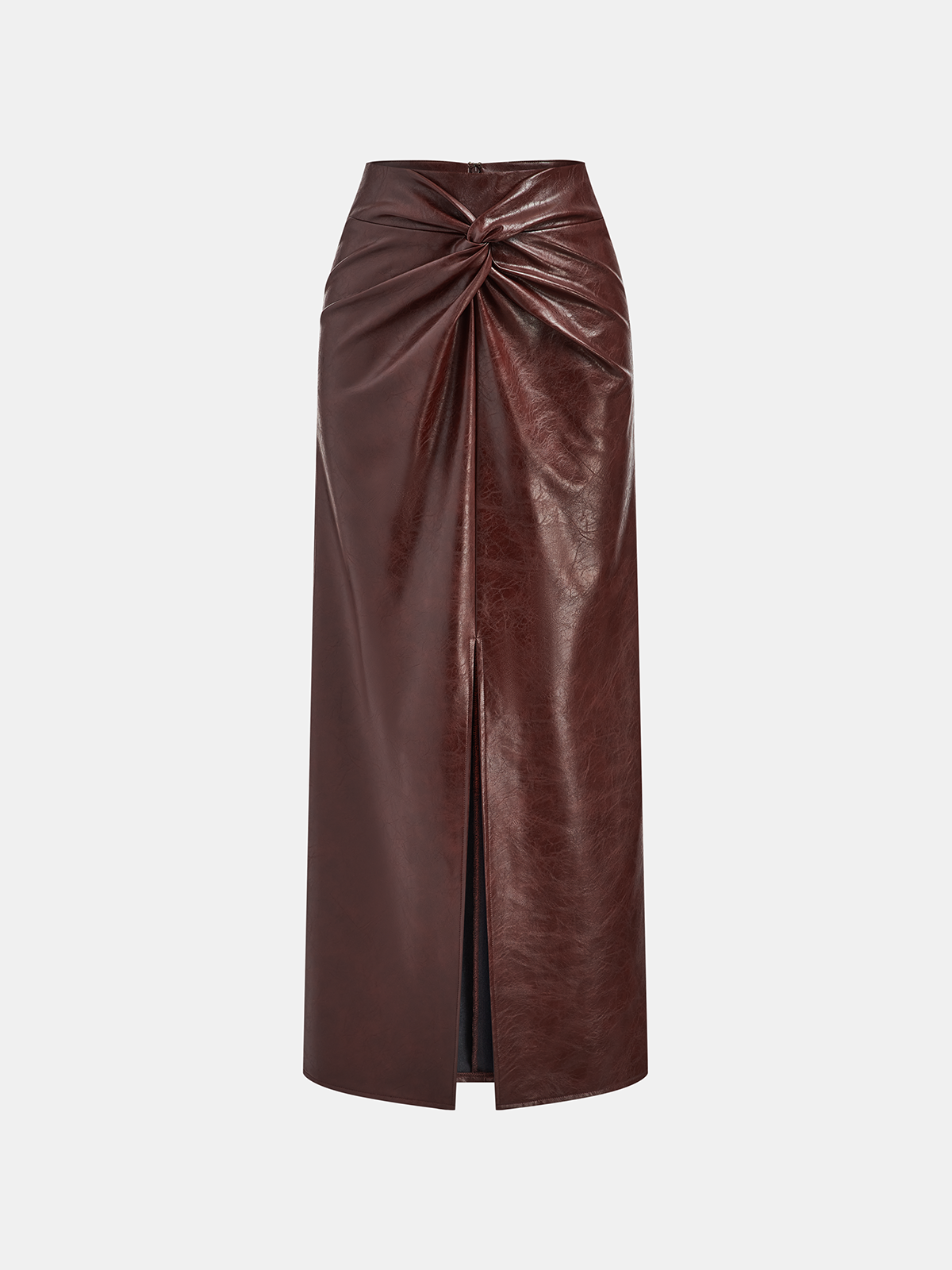 Knot Detail Slit Faux Leather Midi Skirt Women's Trendy High Waist