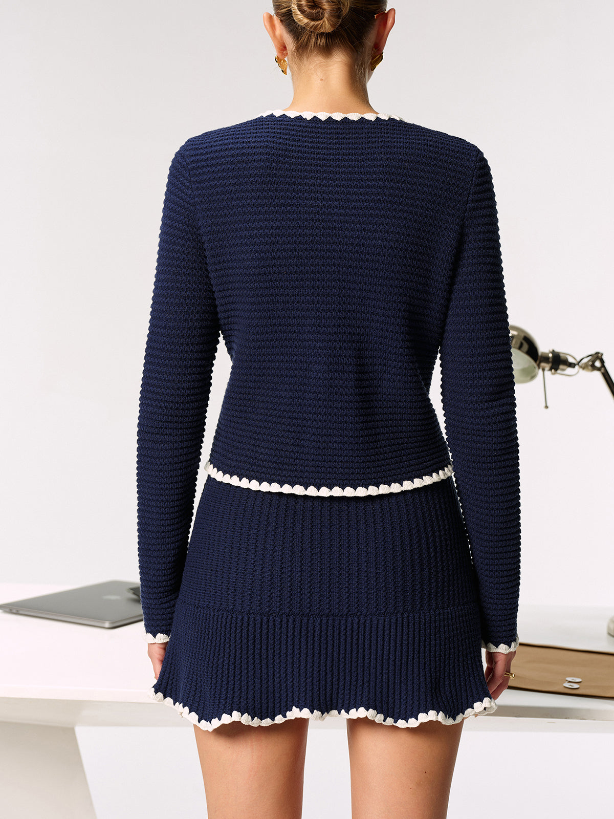 Contrast Scalloped Trim Metal Button Cardigan with Elegant Design