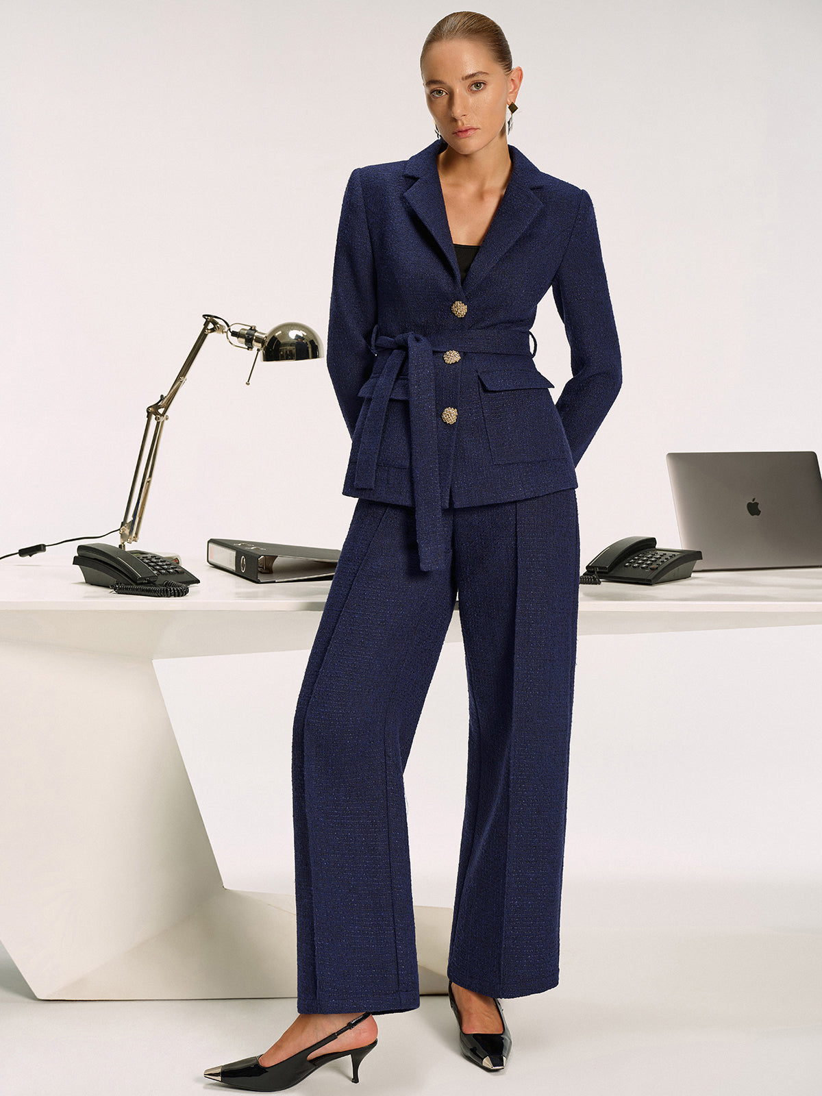 Metal Button Tweed Belted Blazer with Front Pocket Detail