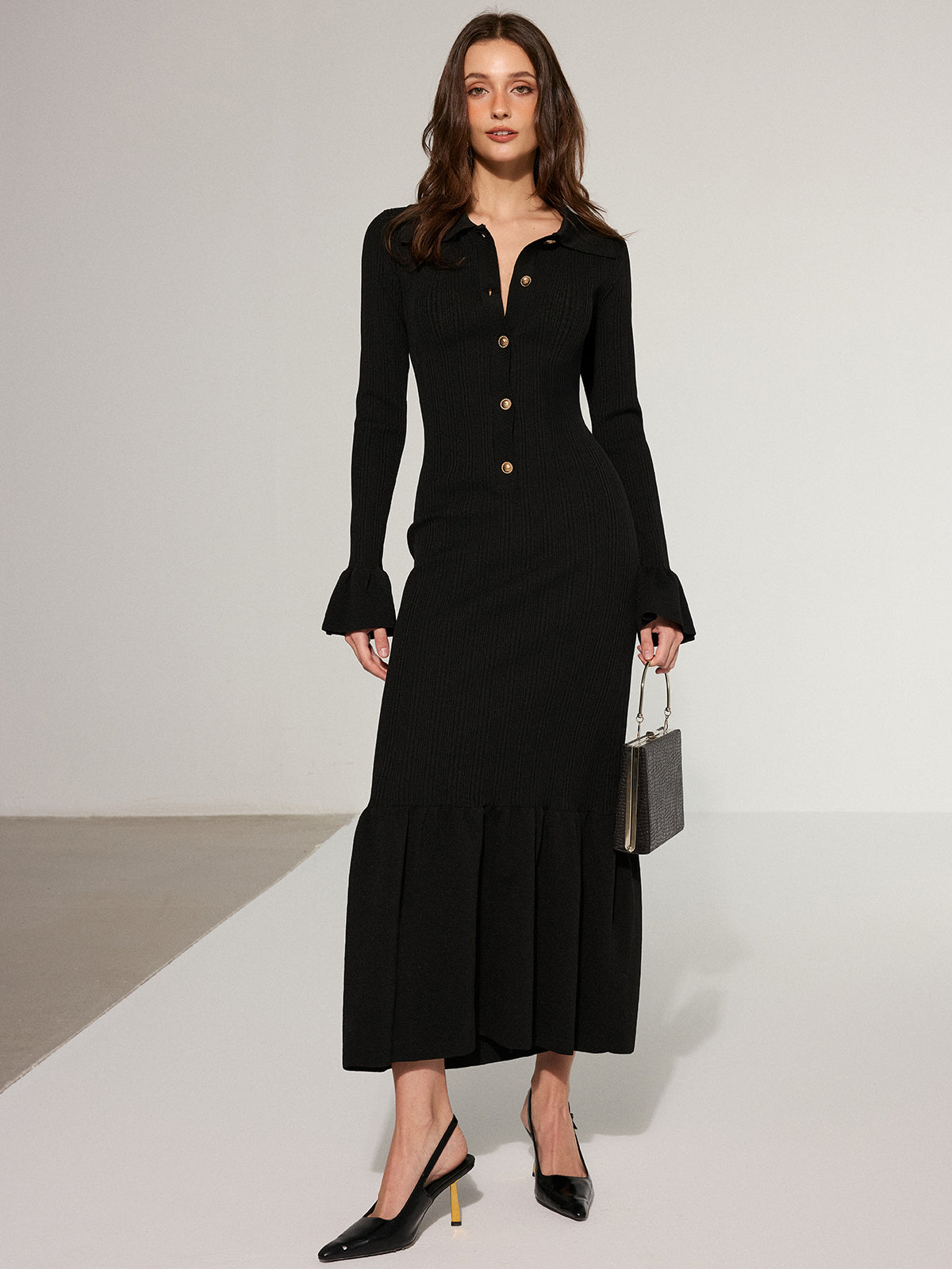 Mermaid Hem Collared Knit Maxi Dress - Elegant Long Sleeve Evening Gown