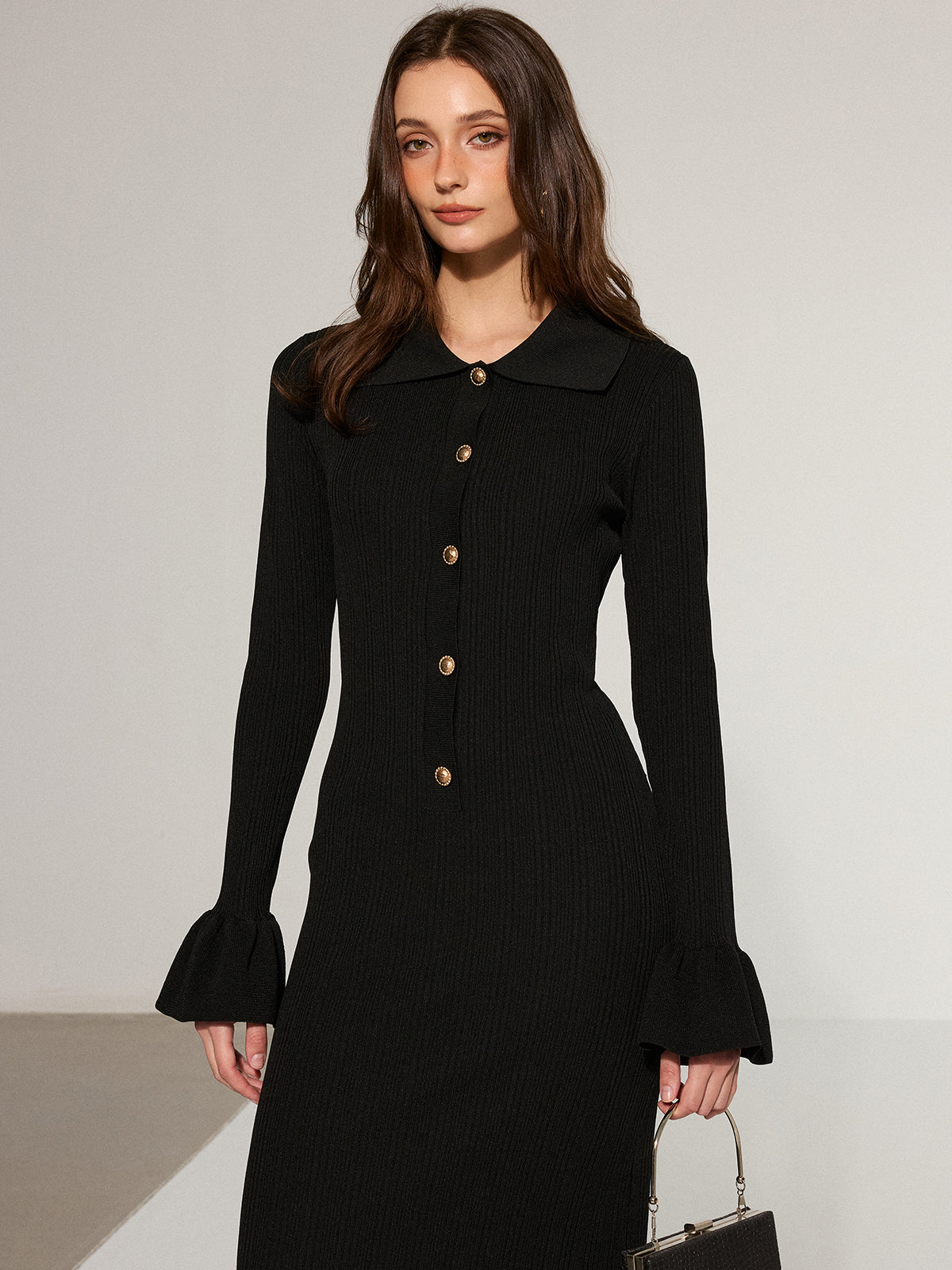Mermaid Hem Collared Knit Maxi Dress - Elegant Long Sleeve Evening Gown