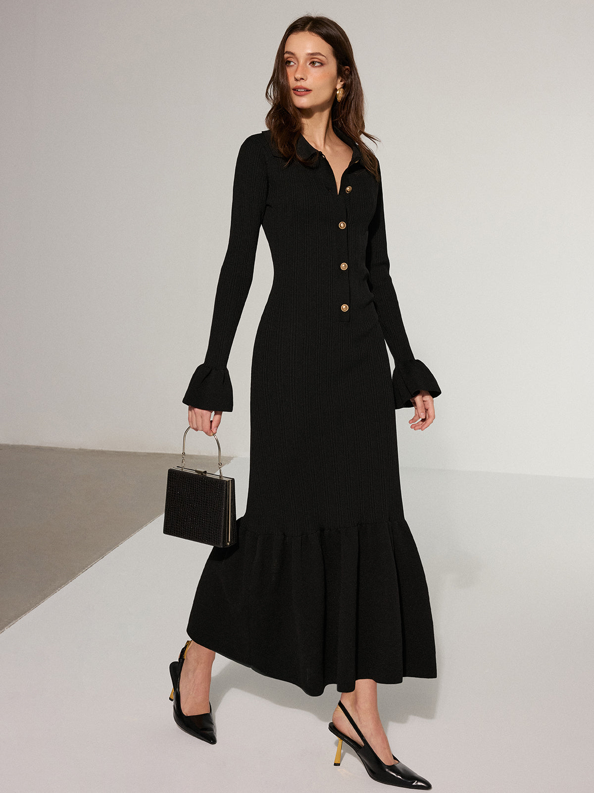 Mermaid Hem Collared Knit Maxi Dress - Elegant Long Sleeve Evening Gown
