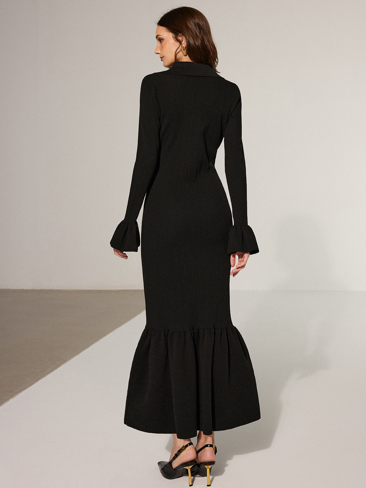 Mermaid Hem Collared Knit Maxi Dress - Elegant Long Sleeve Evening Gown