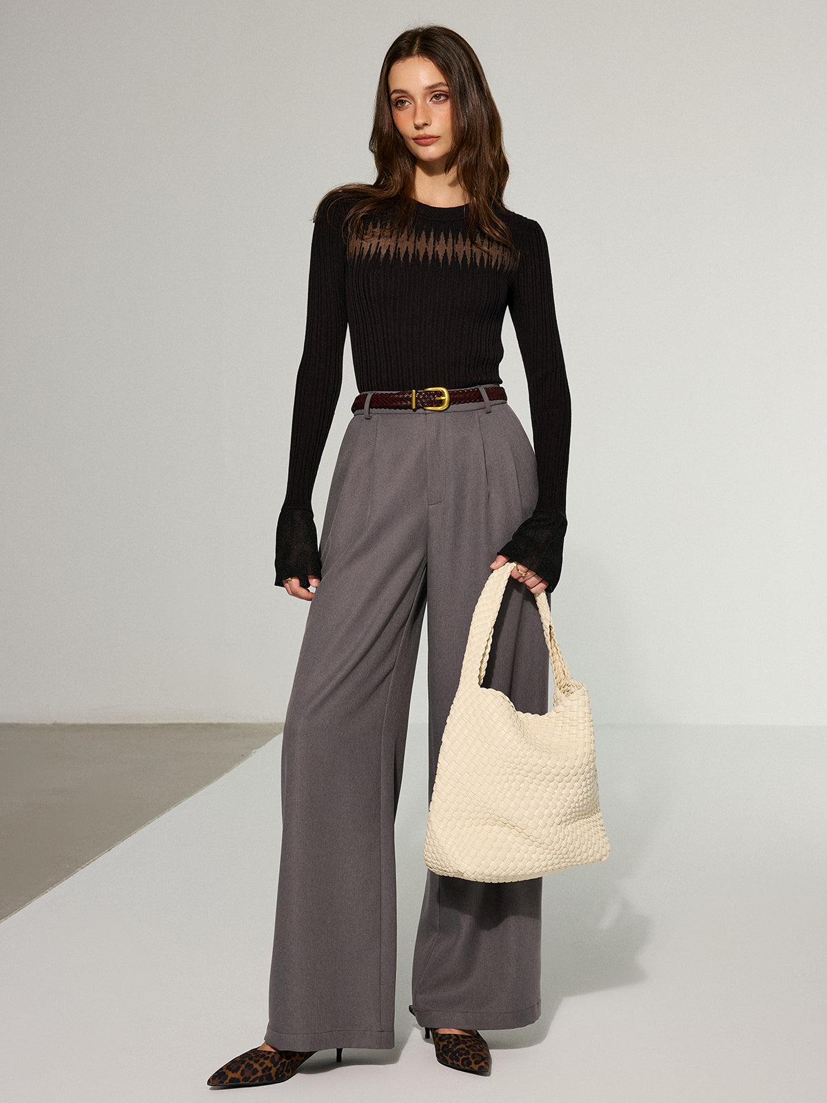 Flared Cuff Sheer Panel Knit Top Women's Elegant Casual Blouse