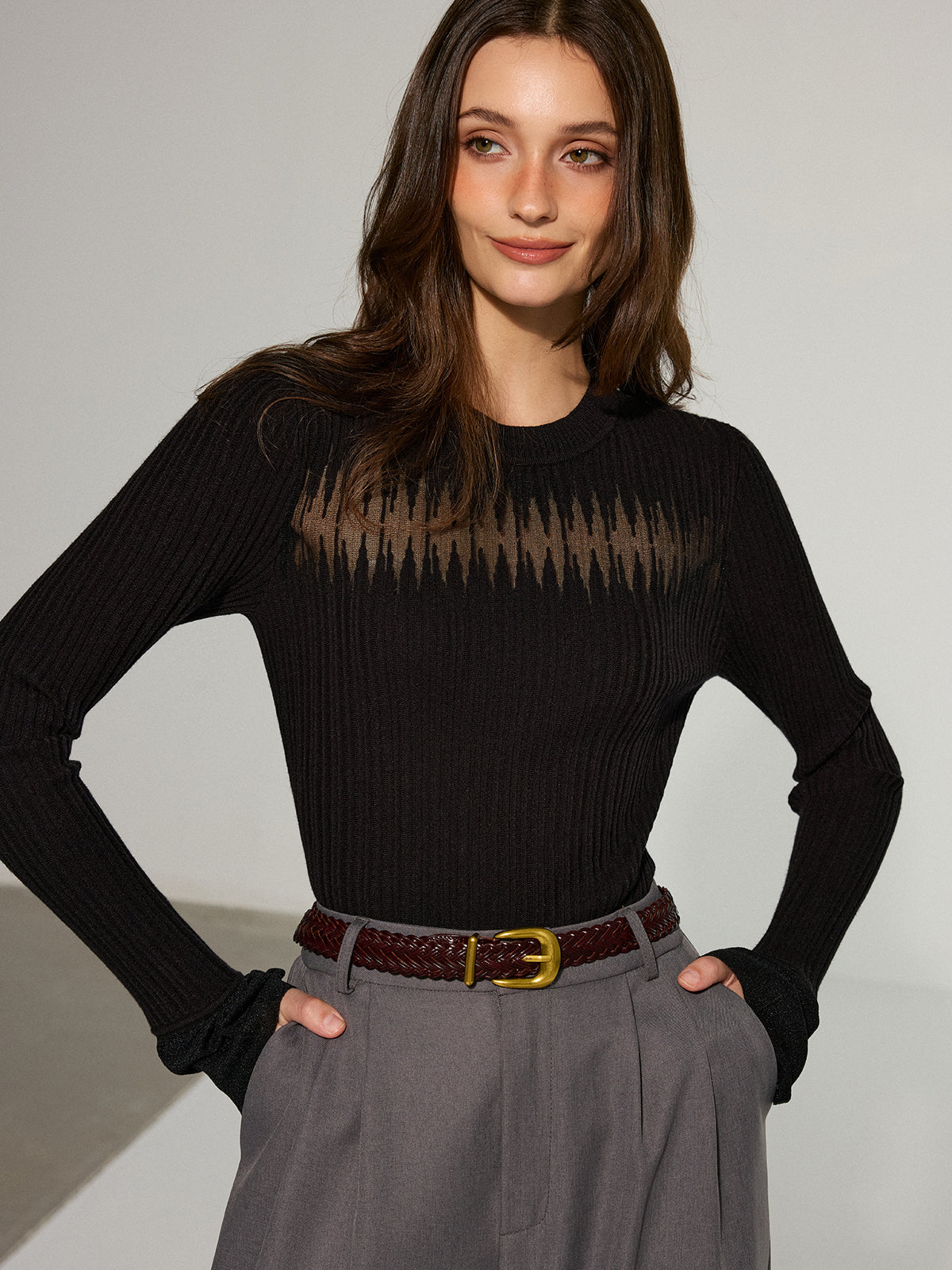 Flared Cuff Sheer Panel Knit Top Women's Elegant Casual Blouse