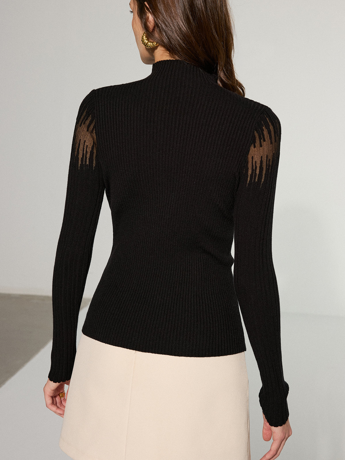 Mandarin Collar Sheer Panel Ribbed Knit Top Fashion Essential Comfort Fit